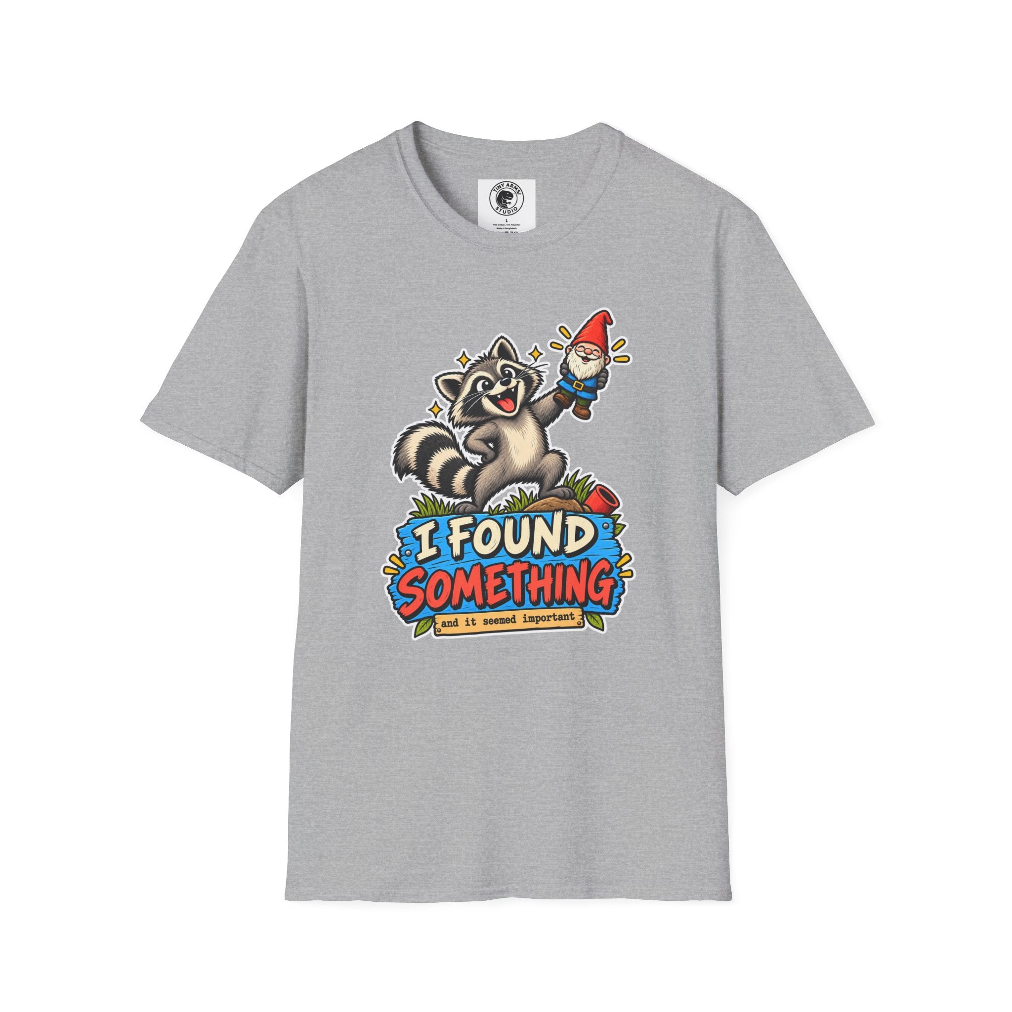 Playful Raccoon Holding Garden Gnome T-Shirt | I Found Something Graphic Tee