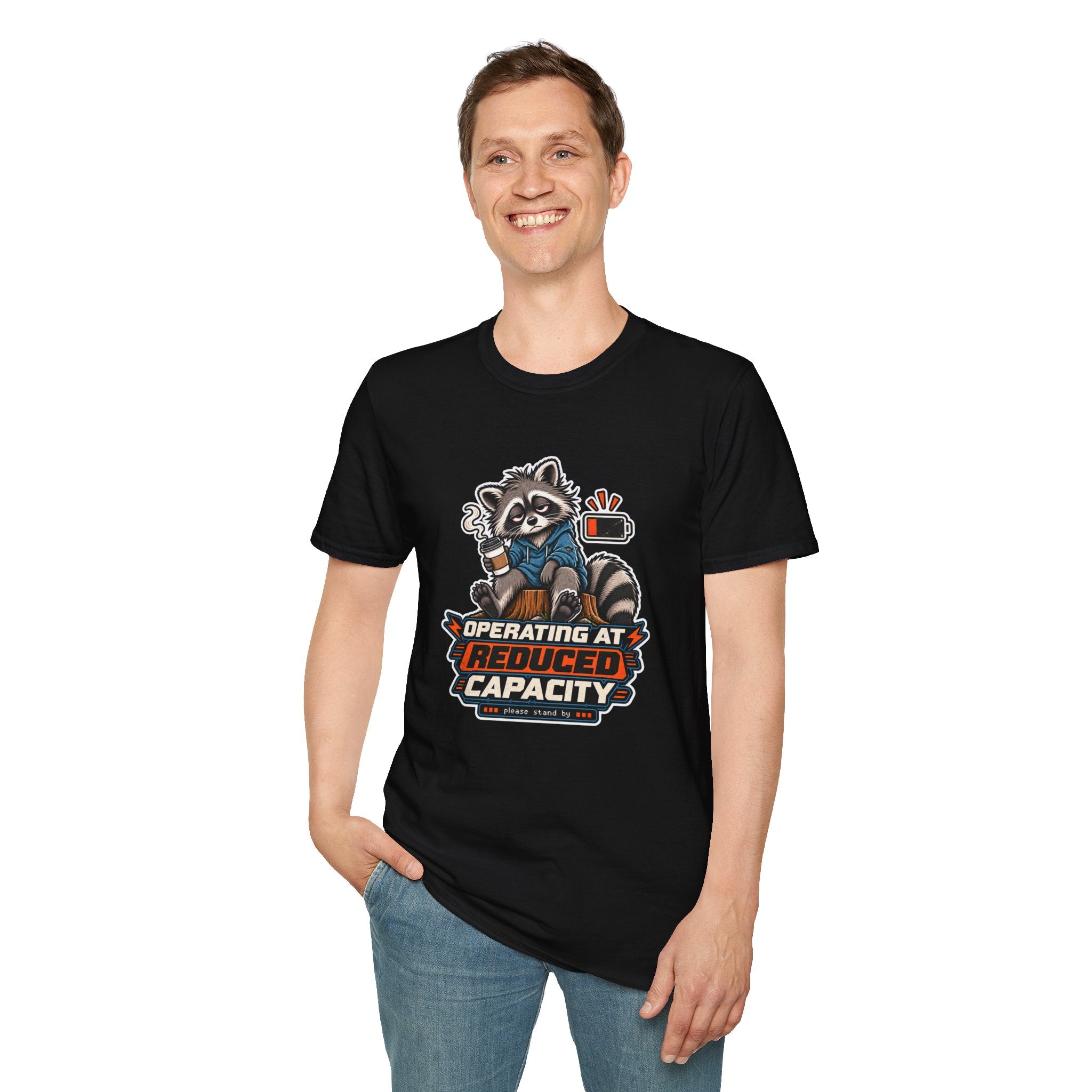 Funny Raccoon T-Shirt| Operating at Reduced Capacity| Low Battery Coffee Shirt