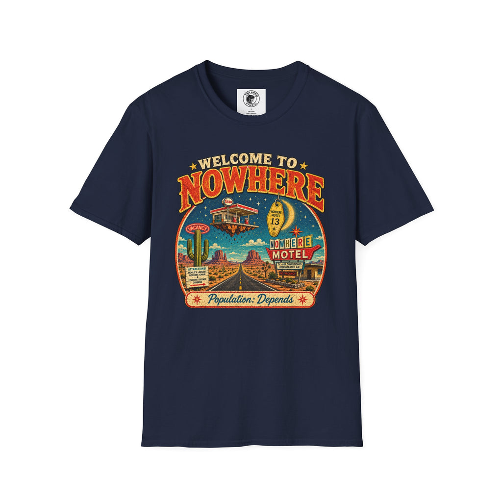 Welcome to Nowhere T-Shirt | Retro Desert Motel Road Trip Design