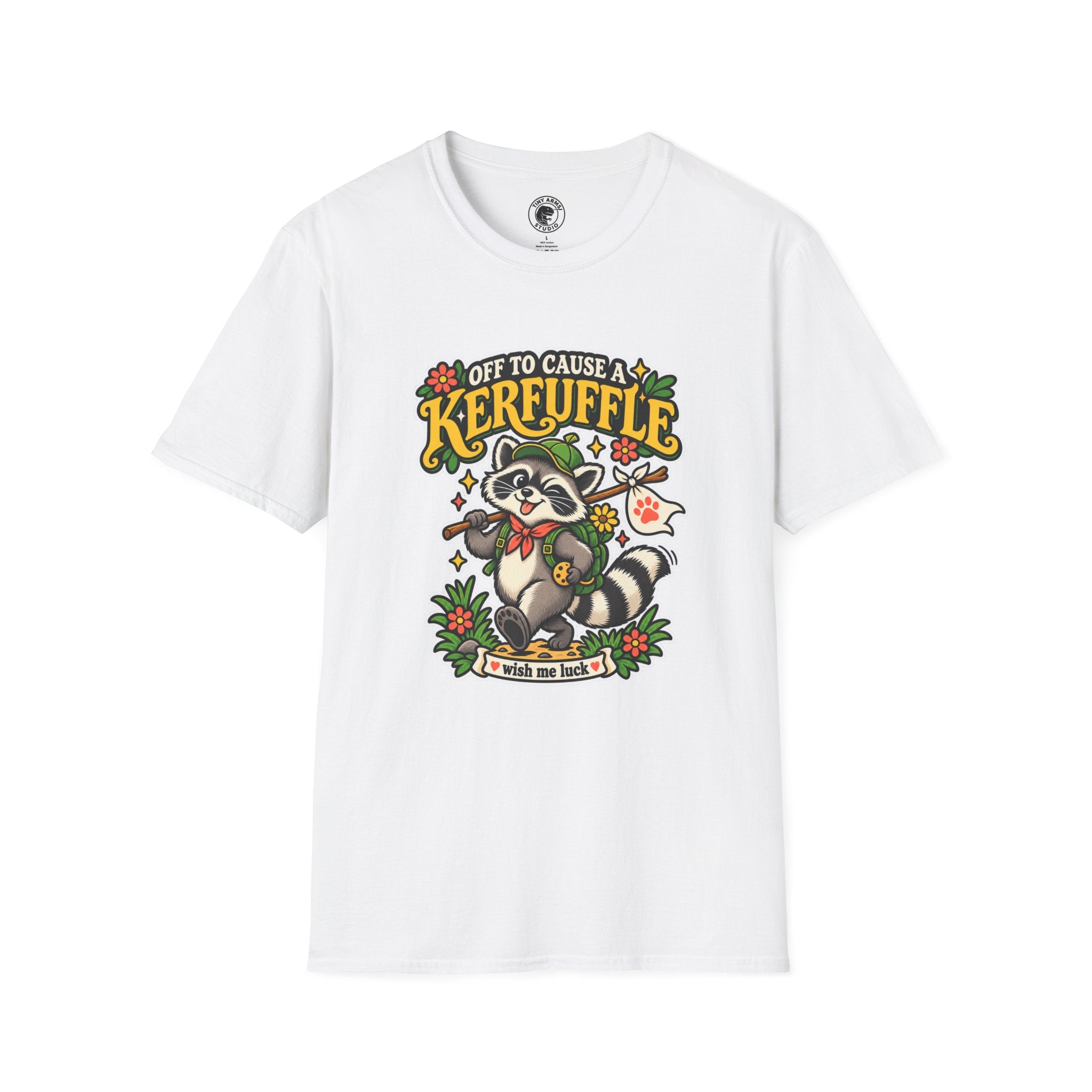 Off To Cause A Kerfuffle Raccoon T-Shirt | Cute Mischief Woodland Design