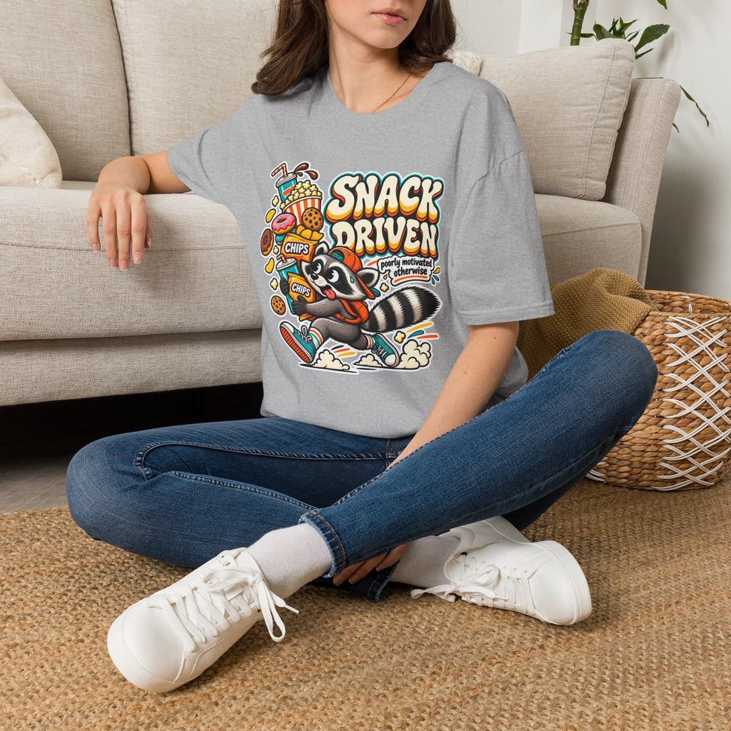 Snack Driven Raccoon Graphic T-Shirt | Snack Lover Cartoon Design