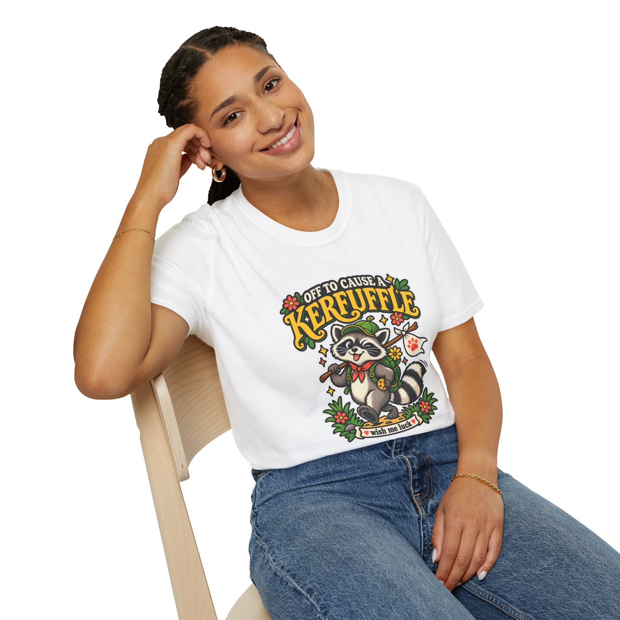 Off To Cause A Kerfuffle Raccoon T-Shirt | Cute Mischief Woodland Design
