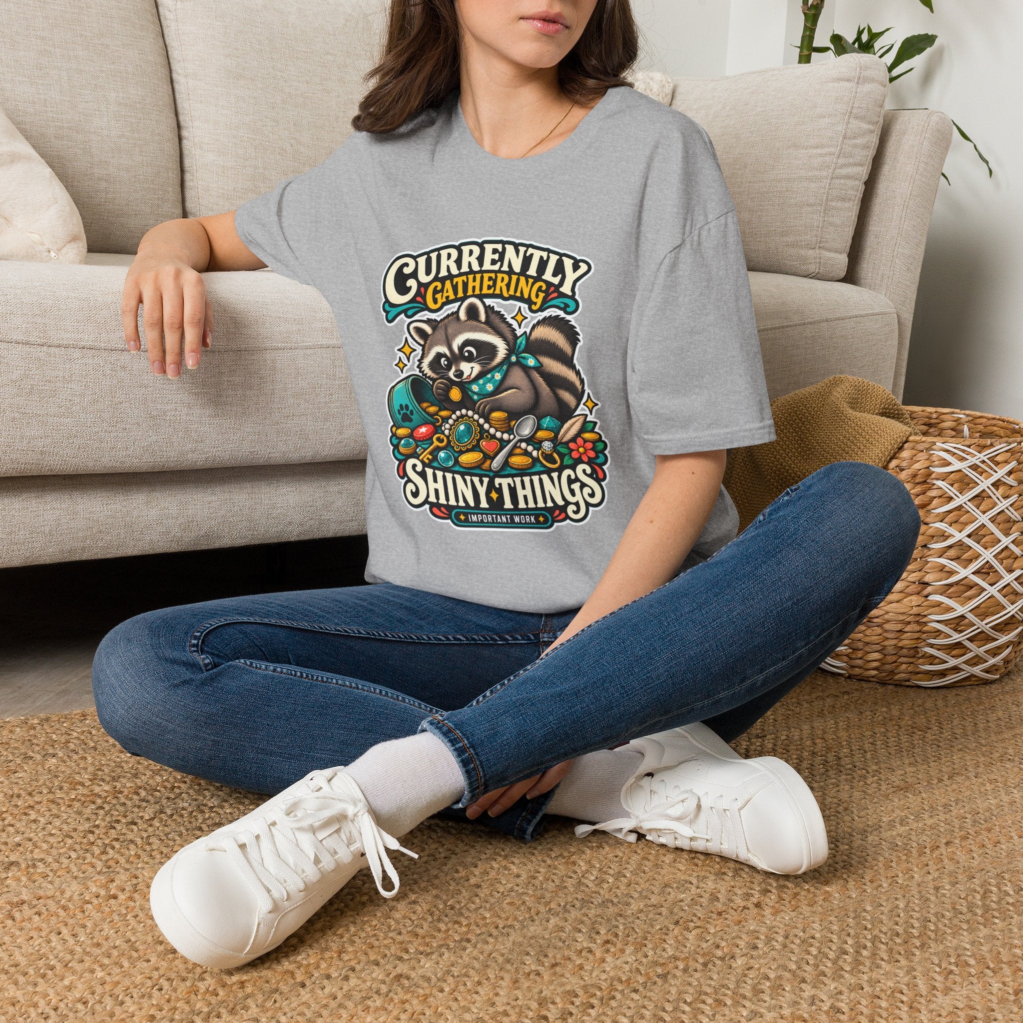 Currently Gathering Shiny Things Raccoon T-Shirt | Cute Forest Animal Tee