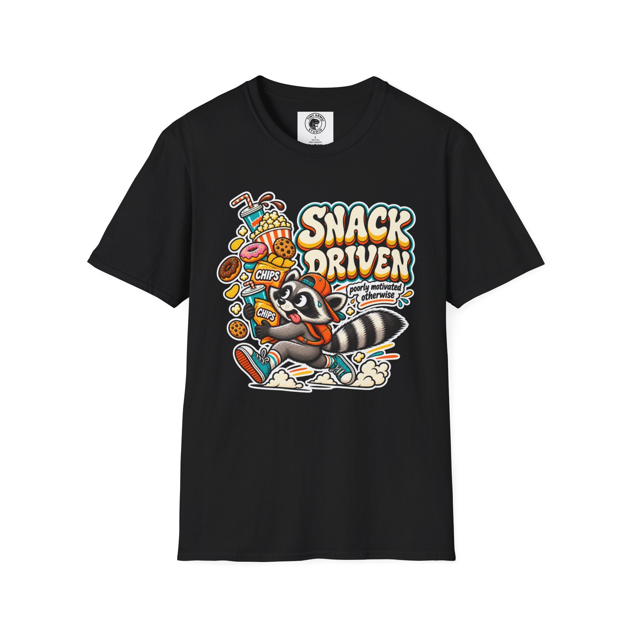Snack Driven Raccoon Graphic T-Shirt | Snack Lover Cartoon Design