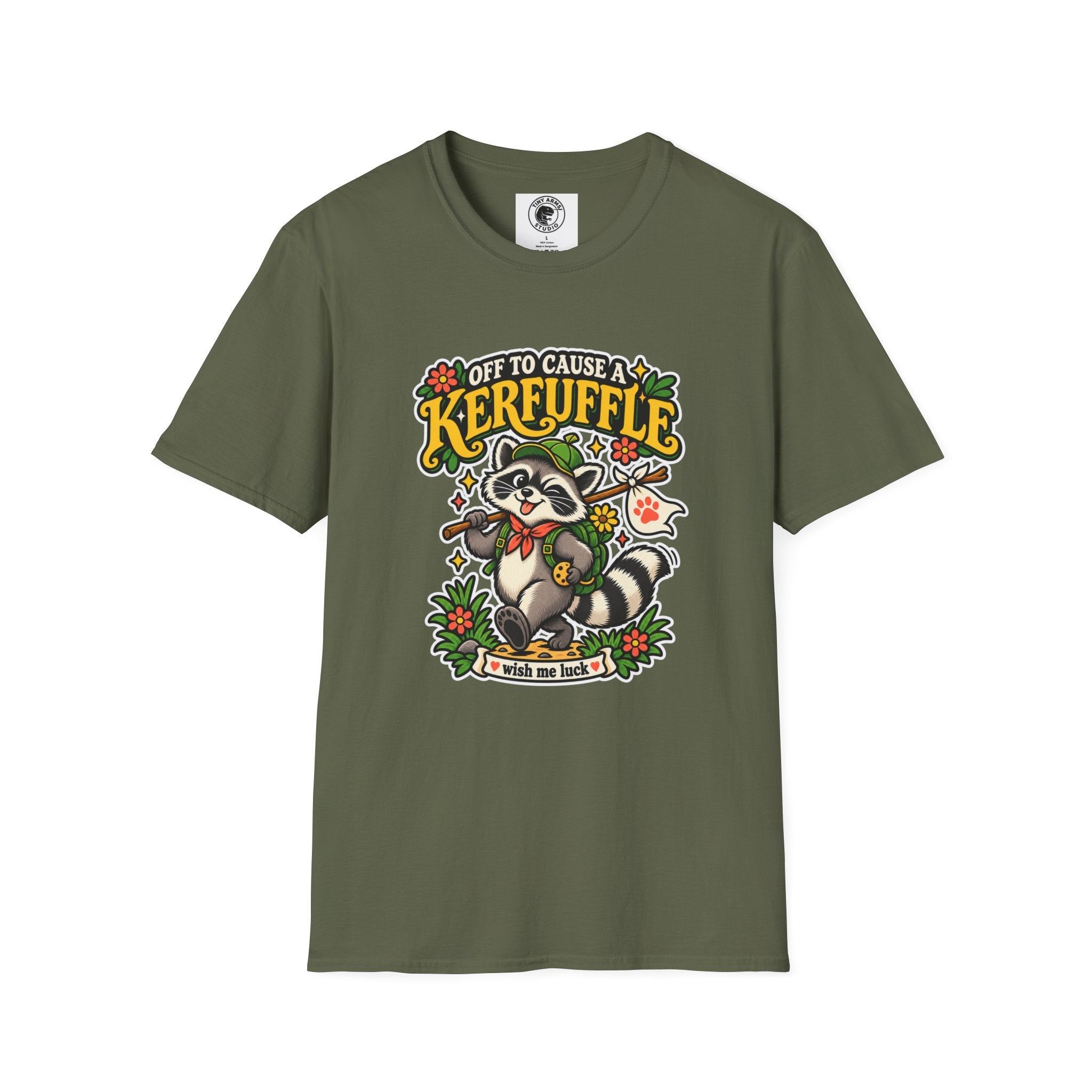Off To Cause A Kerfuffle Raccoon T-Shirt | Cute Mischief Woodland Design