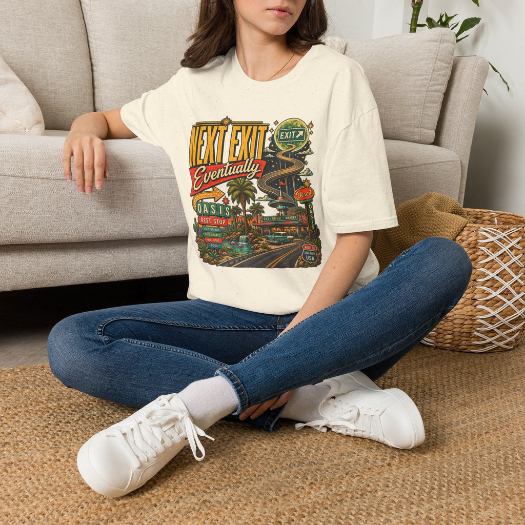 Next Exit Eventually Roadtrip Graphic T-Shirt | Retro Highway Illustration