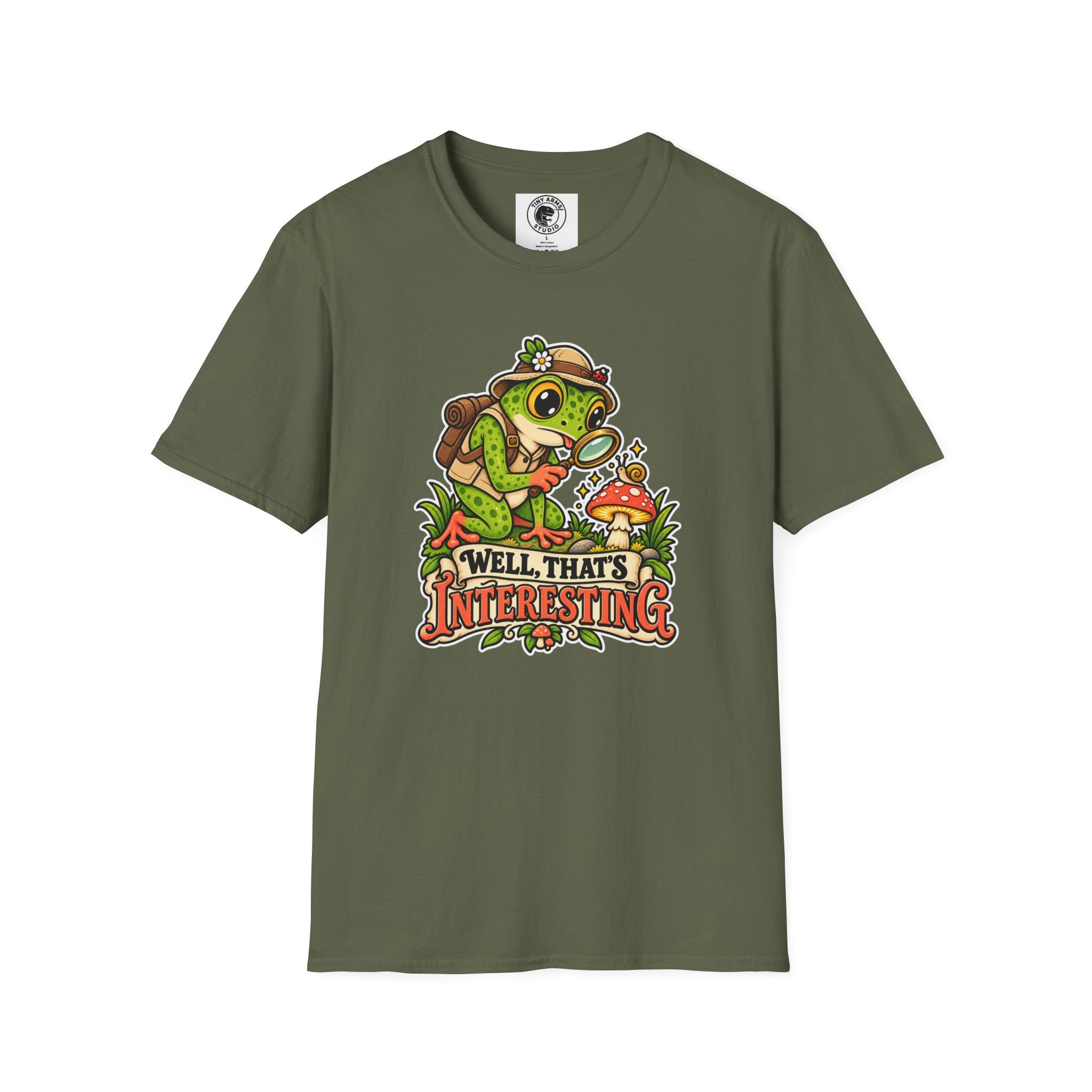 Curious Frog Explorer Magnifying Glass T-Shirt | Mushroom Nature Illustration