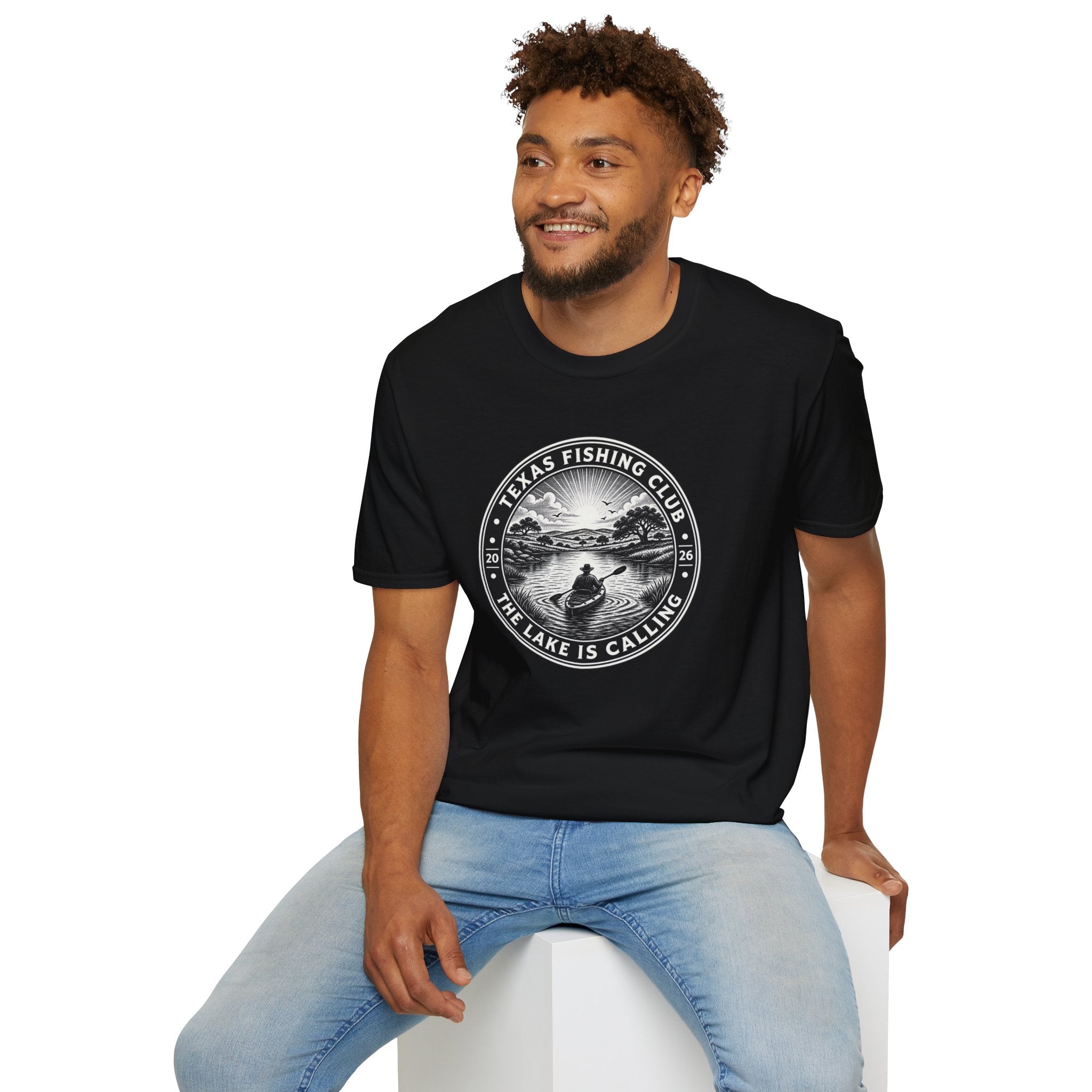 Texas Fishing Club lake scene T-Shirt | angler badge design