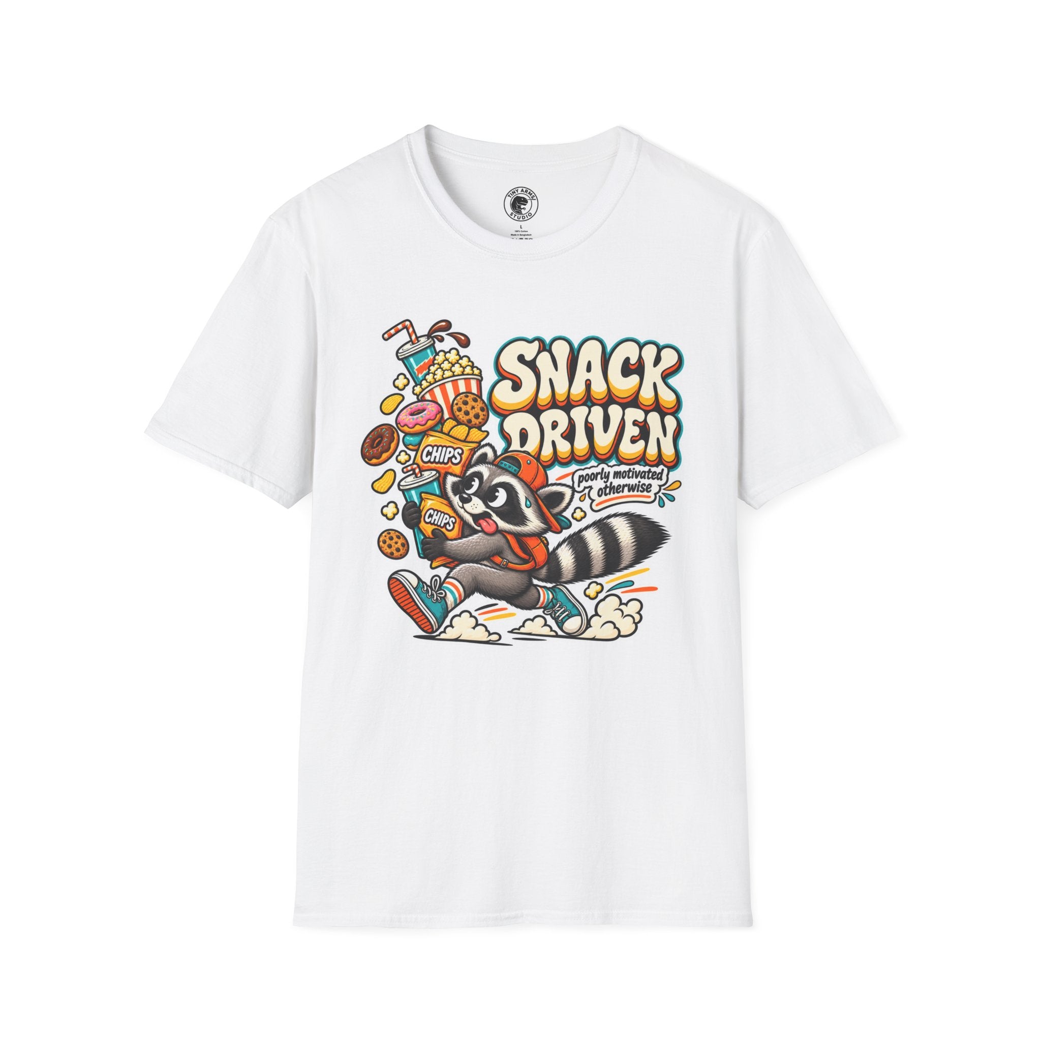 Snack Driven Raccoon Graphic T-Shirt | Snack Lover Cartoon Design