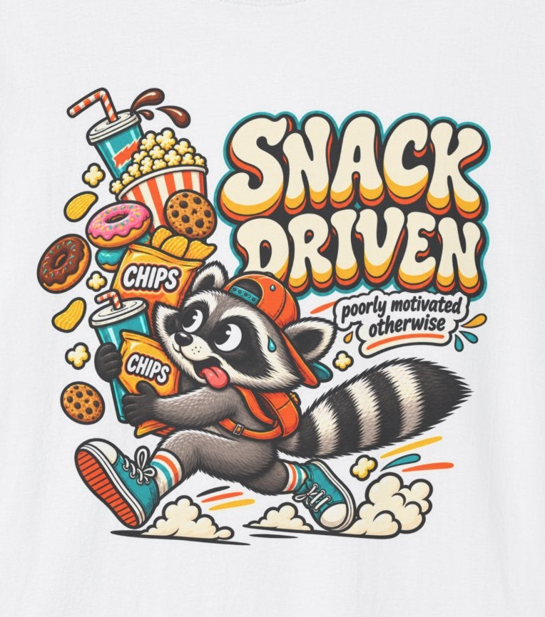 Snack Driven Raccoon Graphic T-Shirt | Snack Lover Cartoon Design