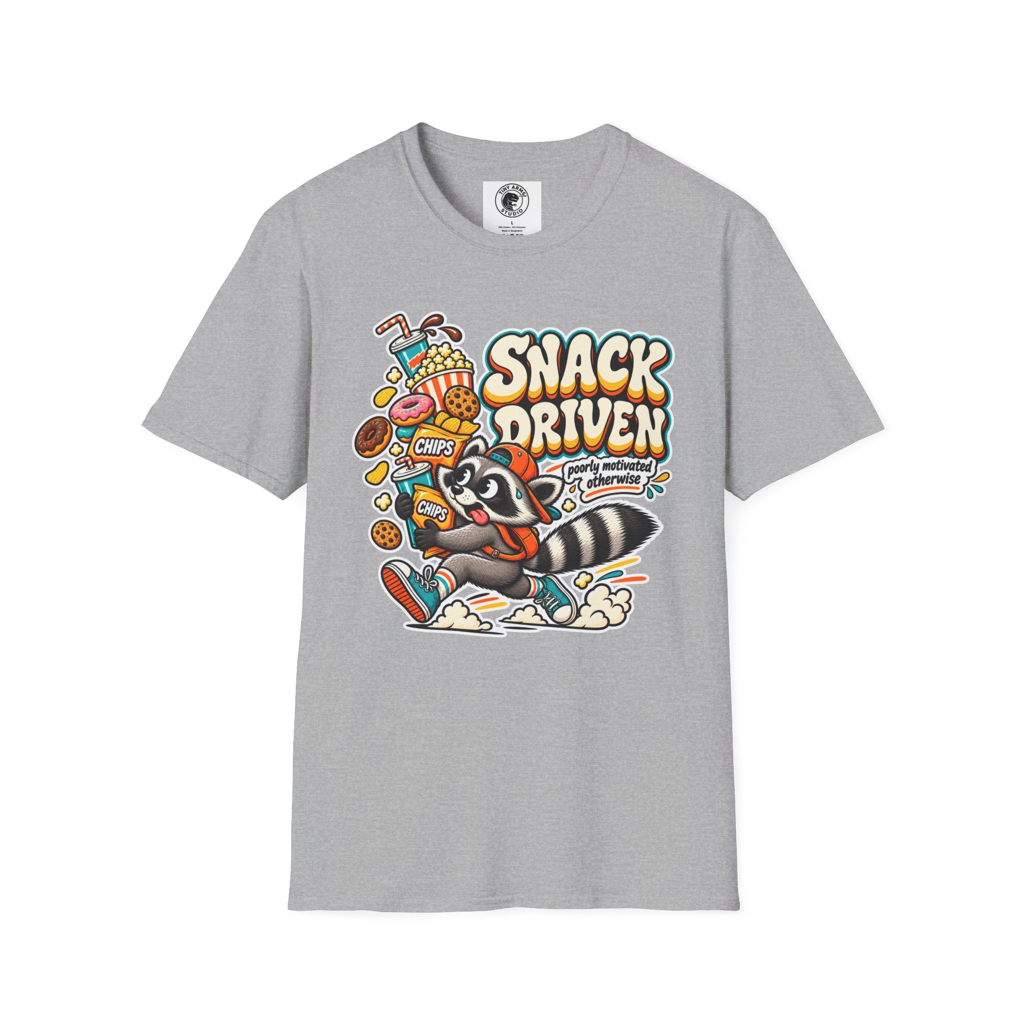 Snack Driven Raccoon Graphic T-Shirt | Snack Lover Cartoon Design
