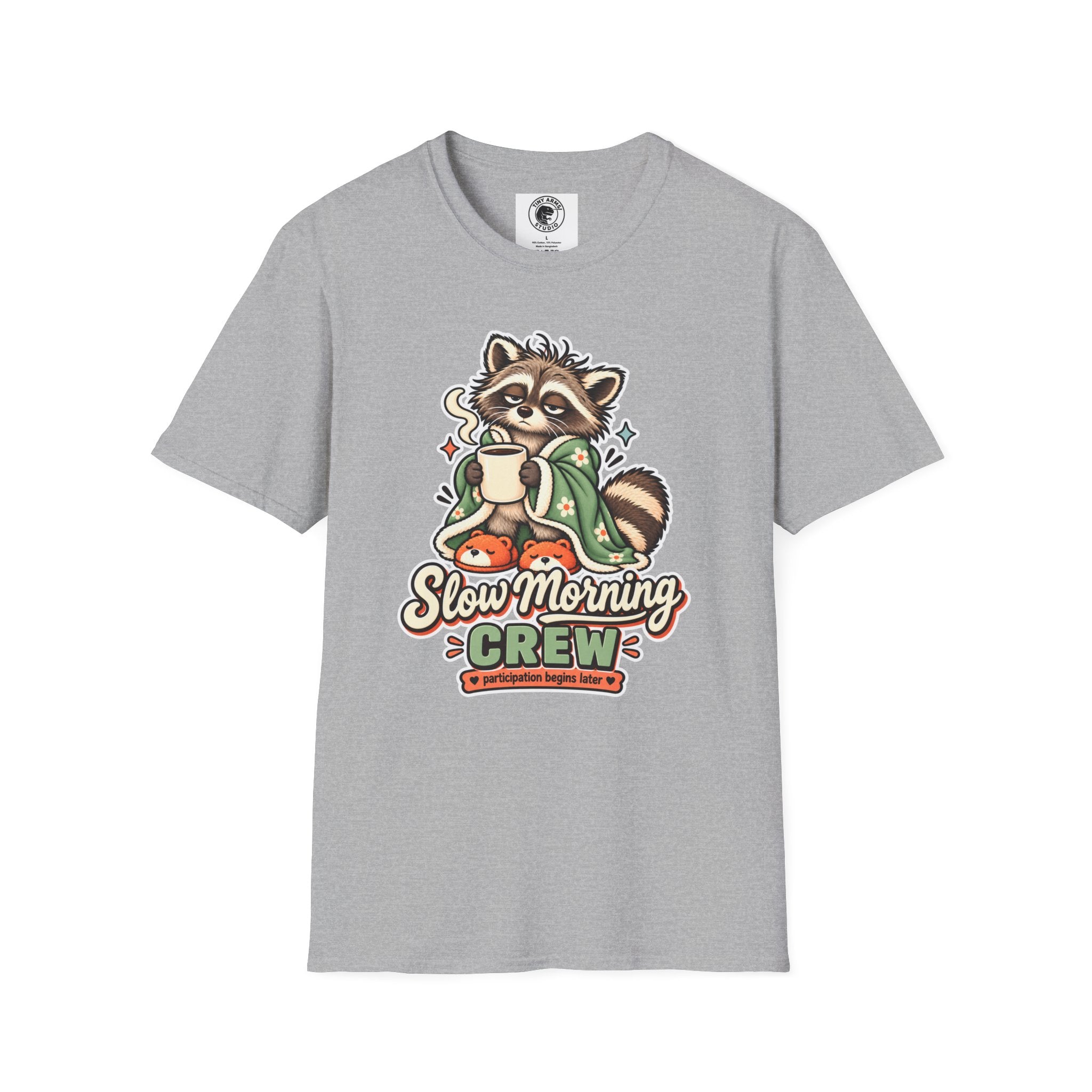 Cozy Raccoon with Coffee T-Shirt | Slow Morning Crew Design