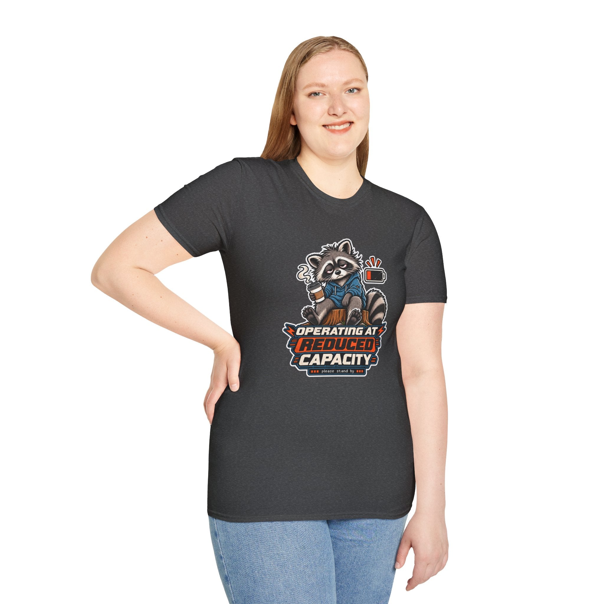 Funny Raccoon T-Shirt| Operating at Reduced Capacity| Low Battery Coffee Shirt