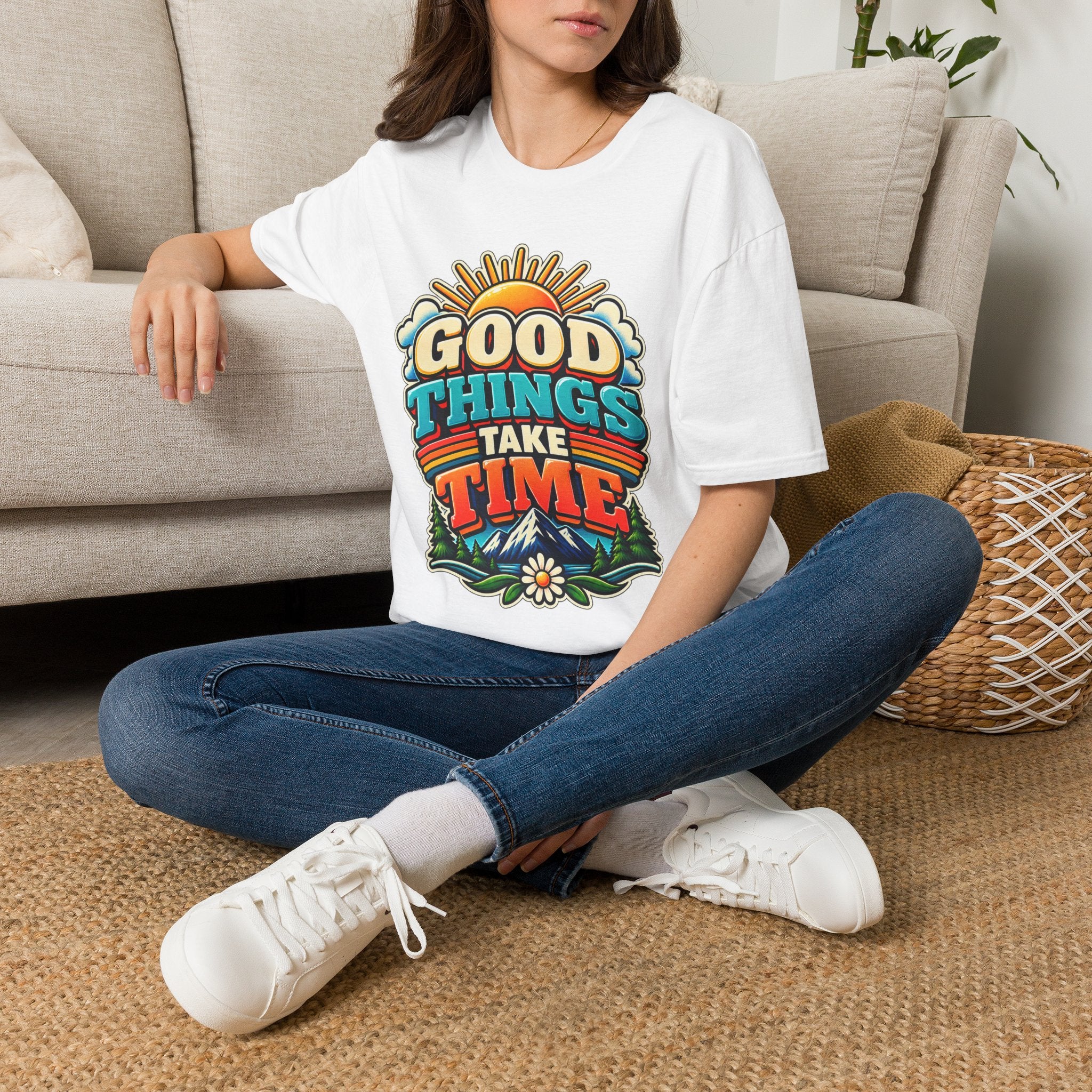 Good Things Take Time T-Shirt | Retro Sunrise Typography