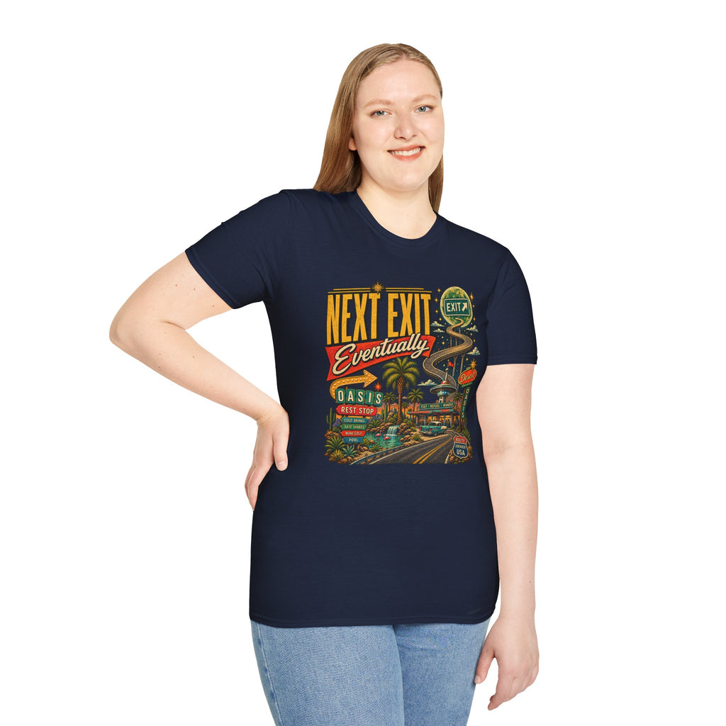 Next Exit Eventually Roadtrip Graphic T-Shirt | Retro Highway Illustration