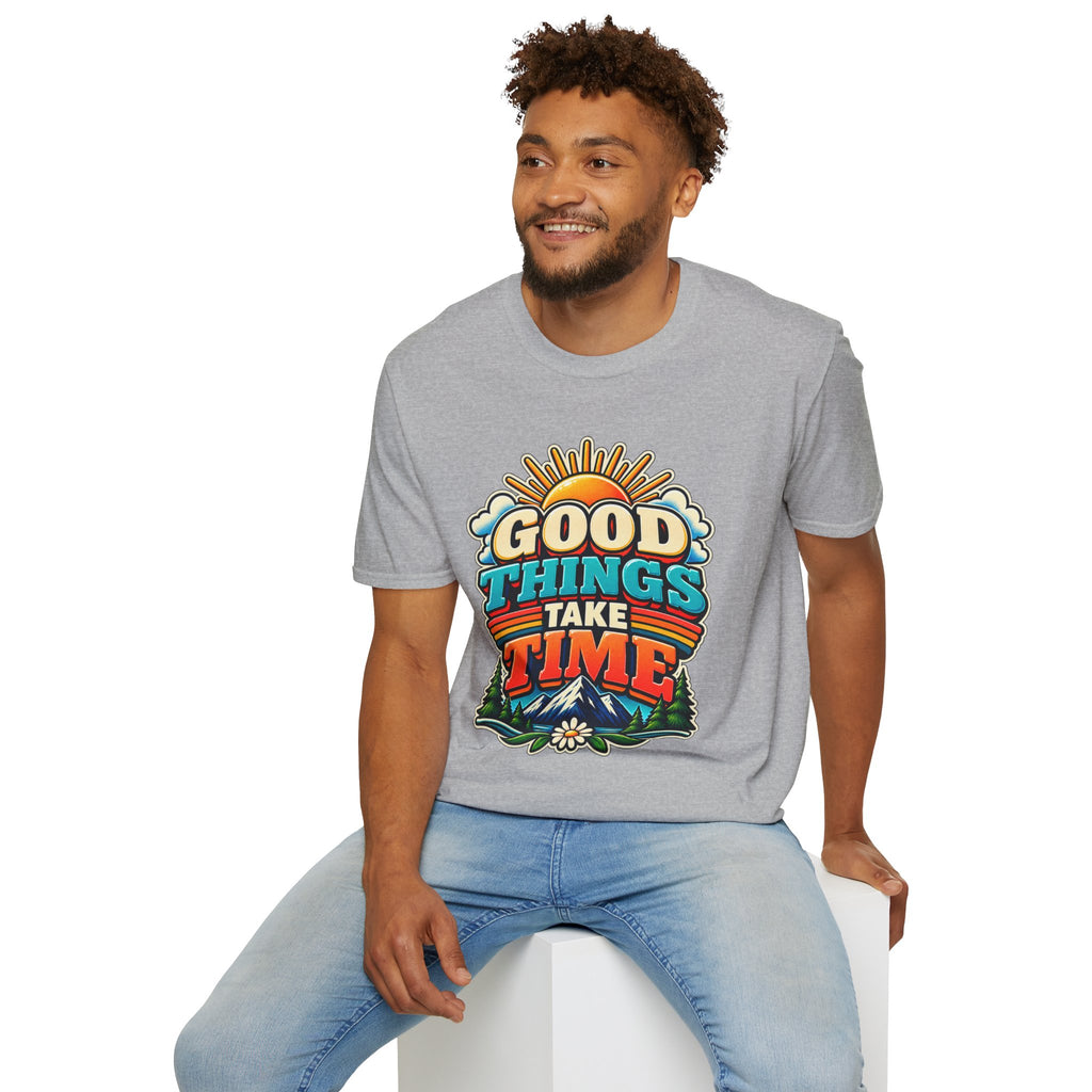 Good Things Take Time T-Shirt | Retro Sunrise Typography