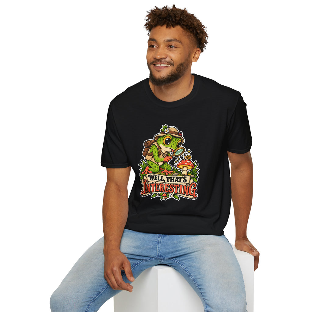 Curious Frog Explorer Magnifying Glass T-Shirt | Mushroom Nature Illustration