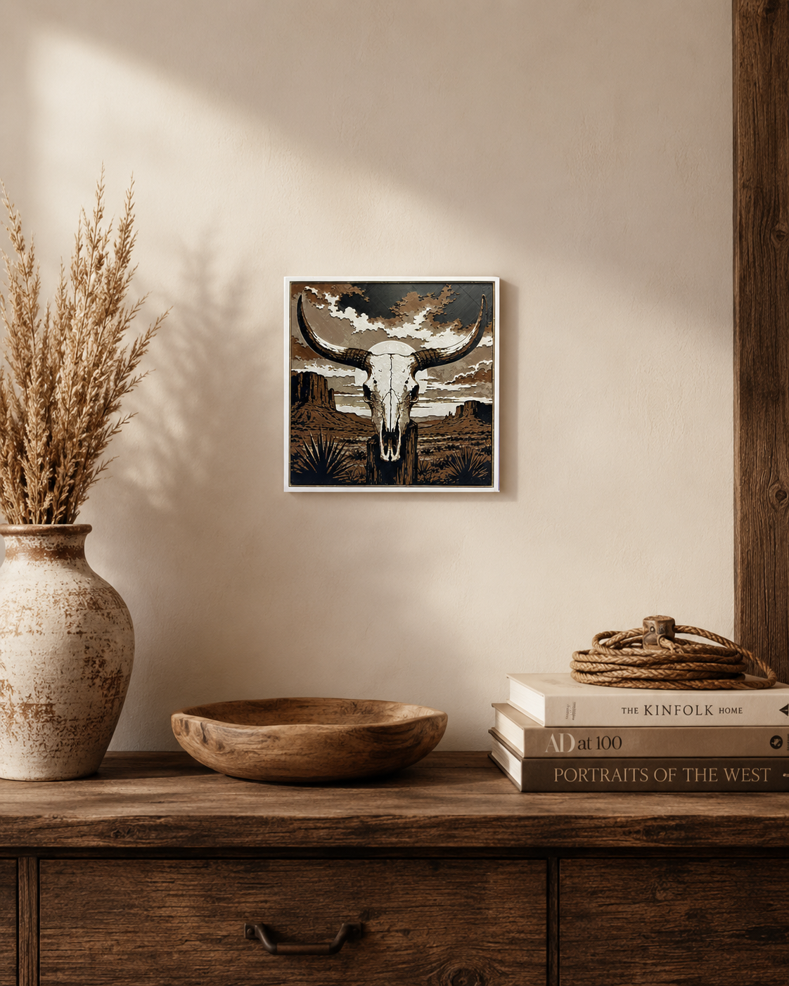 Western Longhorn Skull Desert Wall Art | 8x8 Southwestern Decor