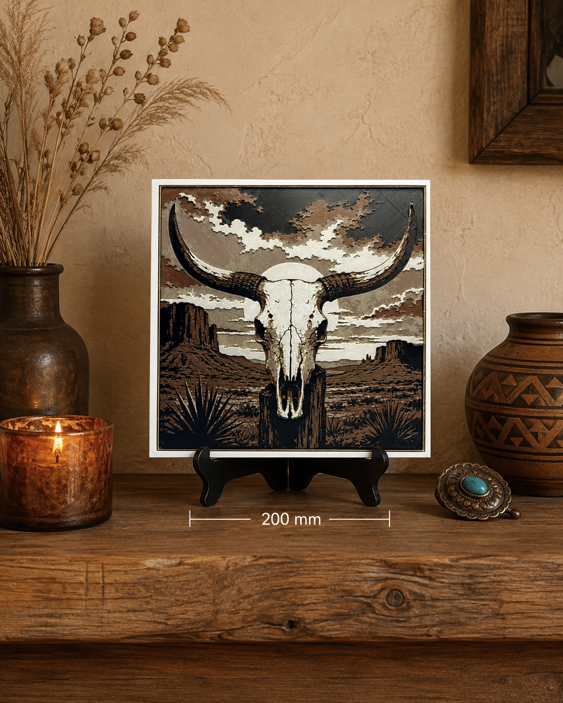 Western Longhorn Skull Desert Wall Art | 8x8 Southwestern Decor
