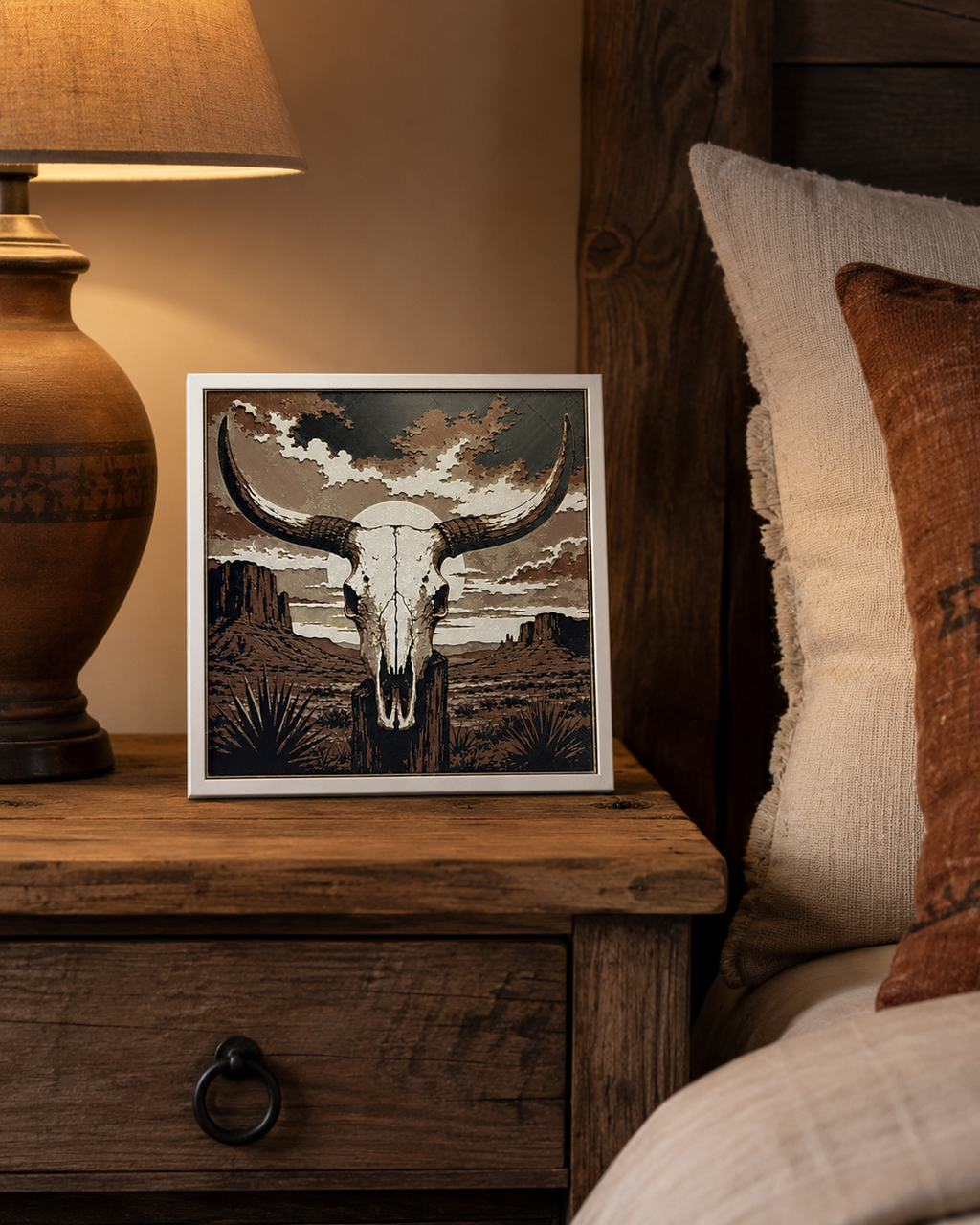Western Longhorn Skull Desert Wall Art | 8x8 Southwestern Decor