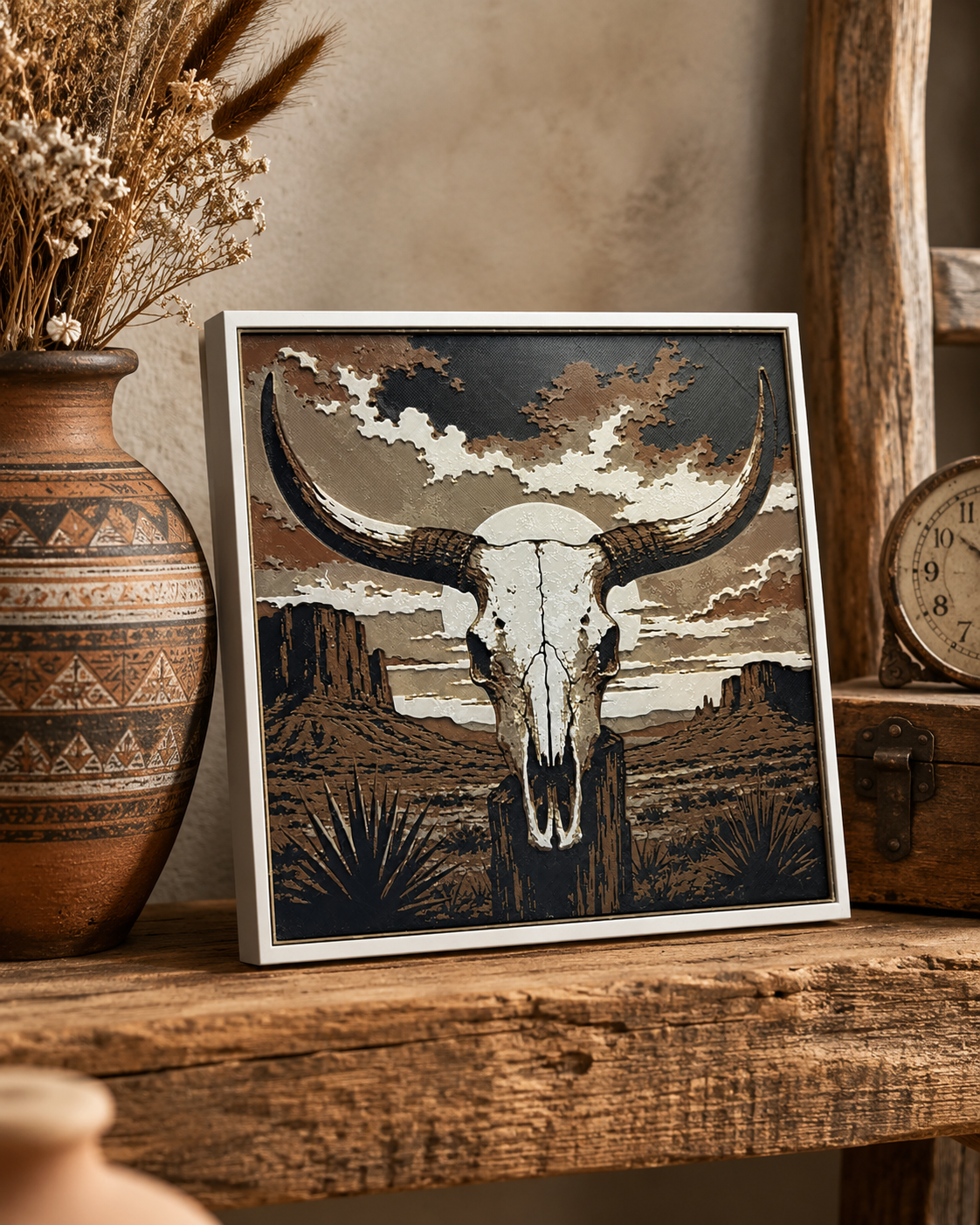 Western Longhorn Skull Desert Wall Art | 8x8 Southwestern Decor