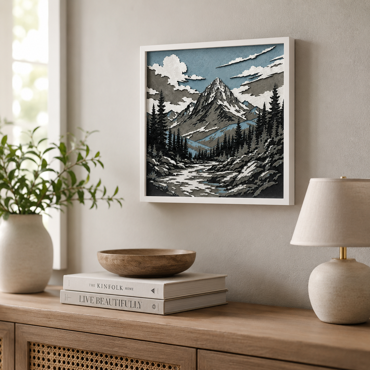 Layered Mountain Landscape Wall Art – 8" x 8" Dimensional Nature Decor