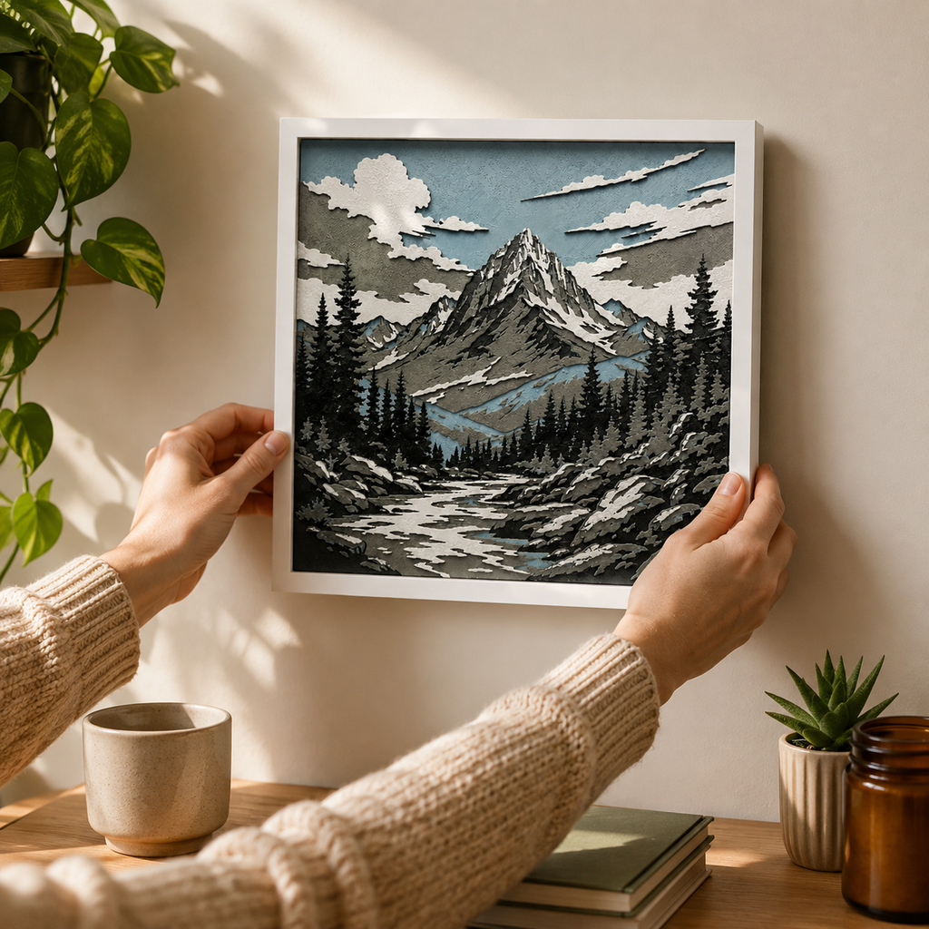 Layered Mountain Landscape Wall Art – 8" x 8" Dimensional Nature Decor