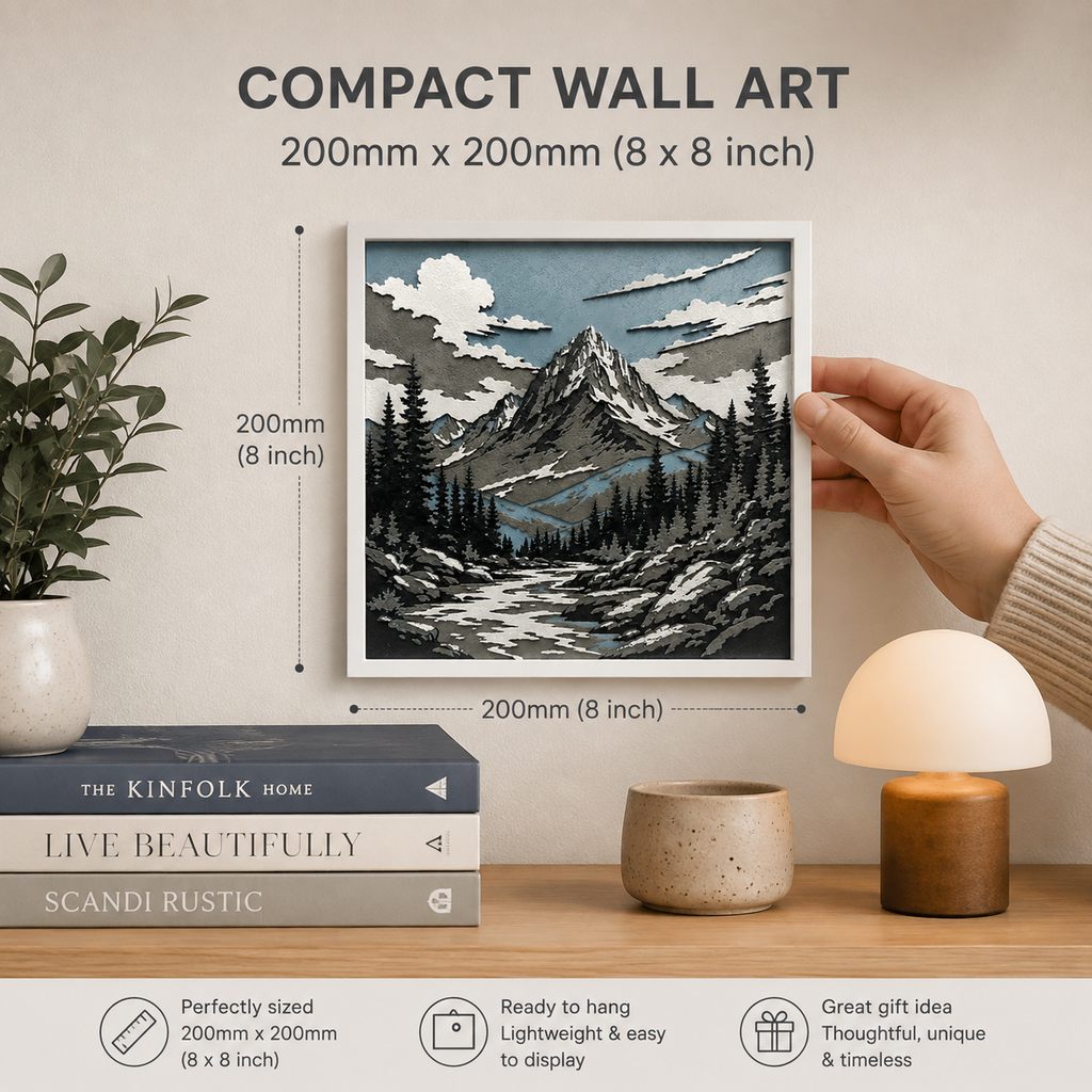 Layered Mountain Landscape Wall Art – 8" x 8" Dimensional Nature Decor