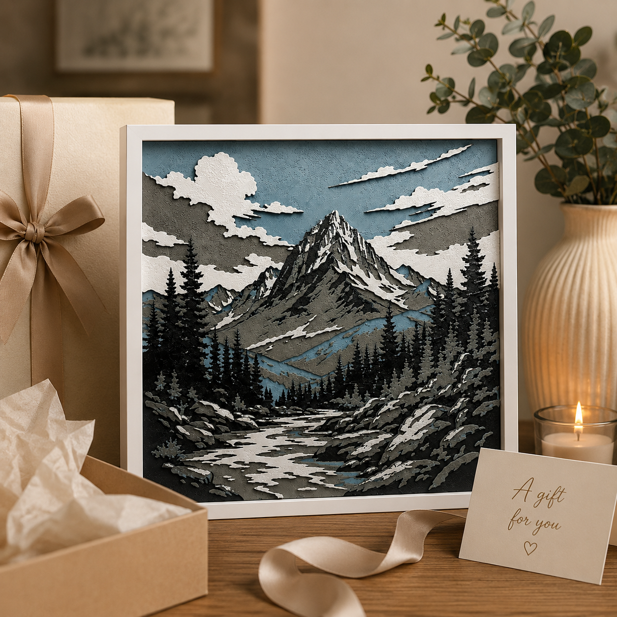 Layered Mountain Landscape Wall Art – 8" x 8" Dimensional Nature Decor