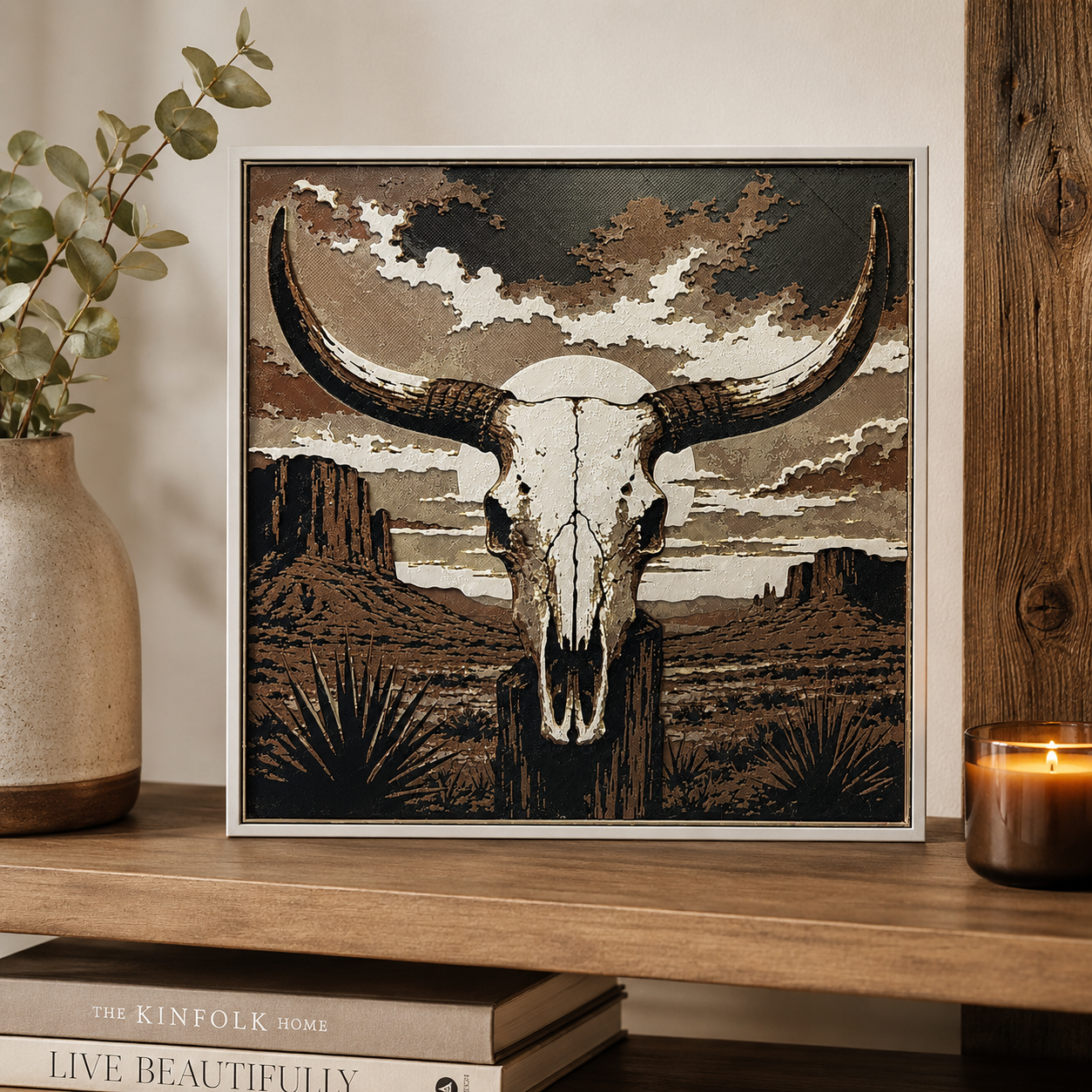 Western Longhorn Skull Desert Wall Art | 8x8 Southwestern Decor