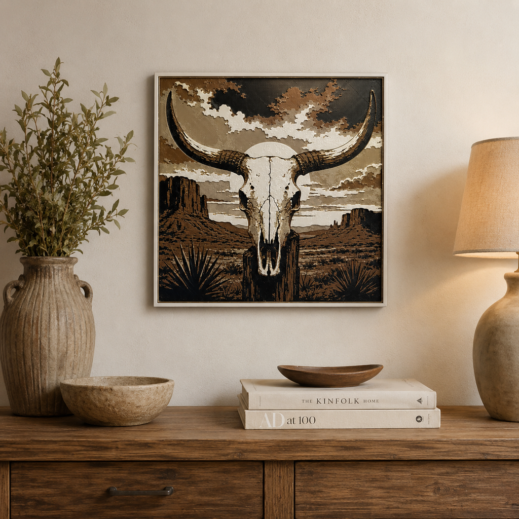 Western Longhorn Skull Desert Wall Art | 8x8 Southwestern Decor
