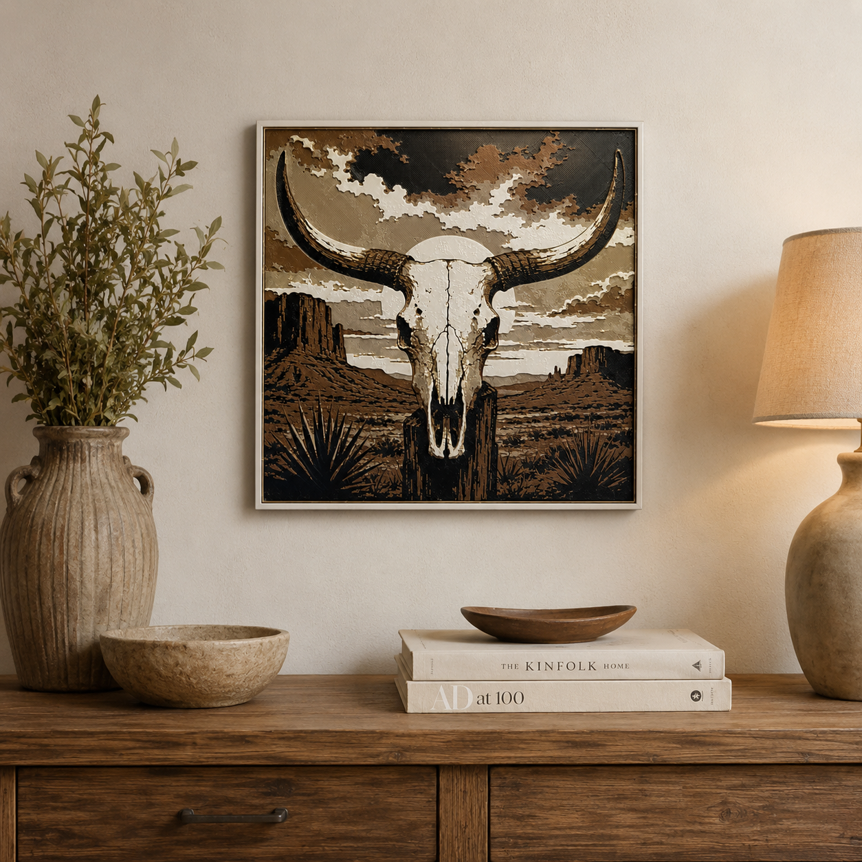 Western Longhorn Skull Desert Wall Art | 8x8 Southwestern Decor