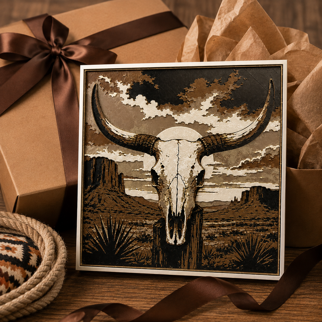 Western Longhorn Skull Desert Wall Art | 8x8 Southwestern Decor