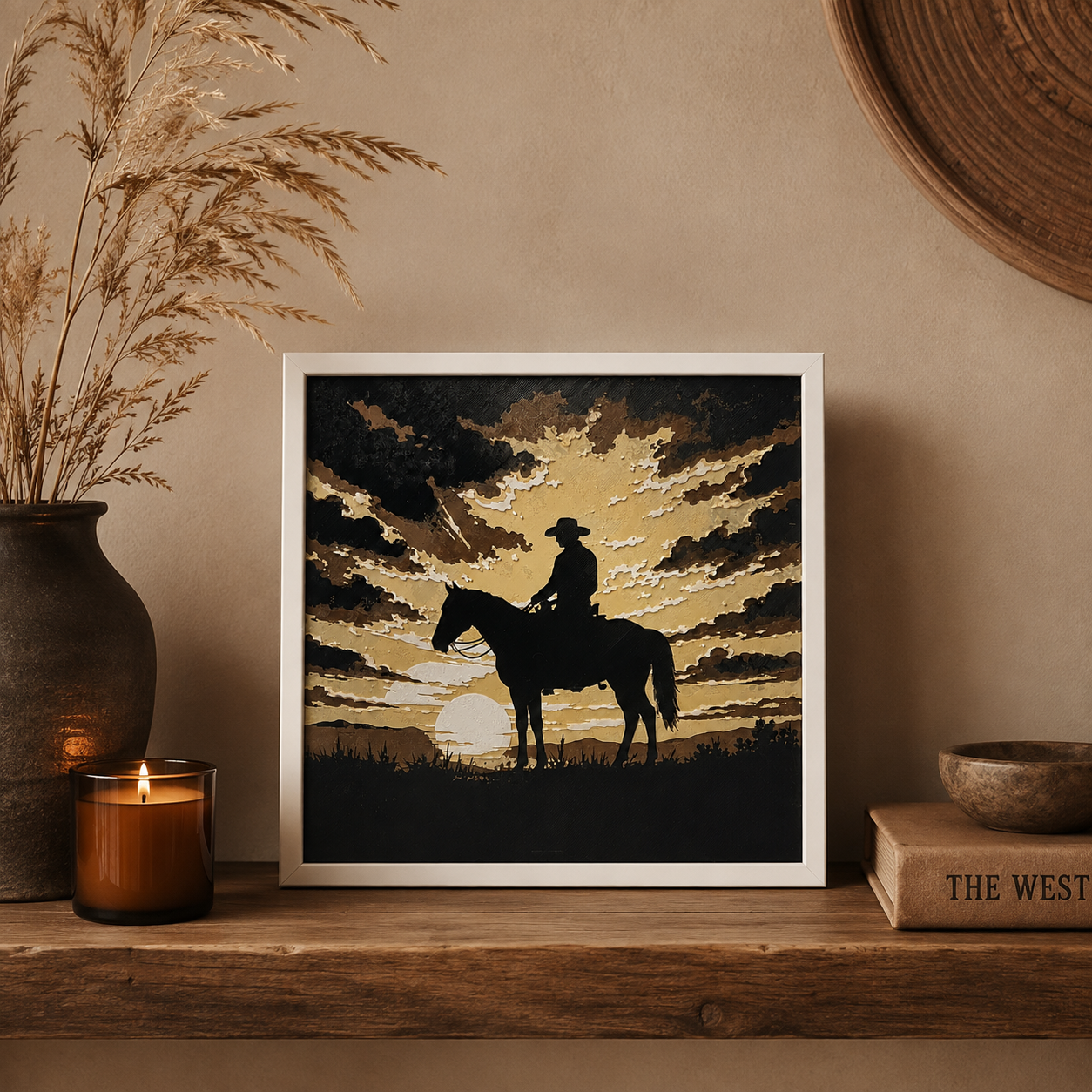 Cowboy Sunset Layered Wall Art – 8" Western Horse Décor – Framed Rustic Cowboy Art