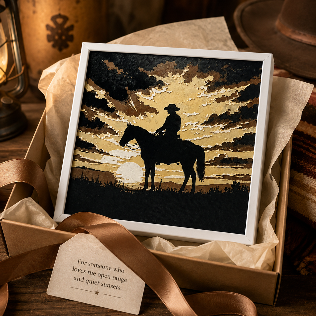 Cowboy Sunset Layered Wall Art – 8" Western Horse Décor – Framed Rustic Cowboy Art