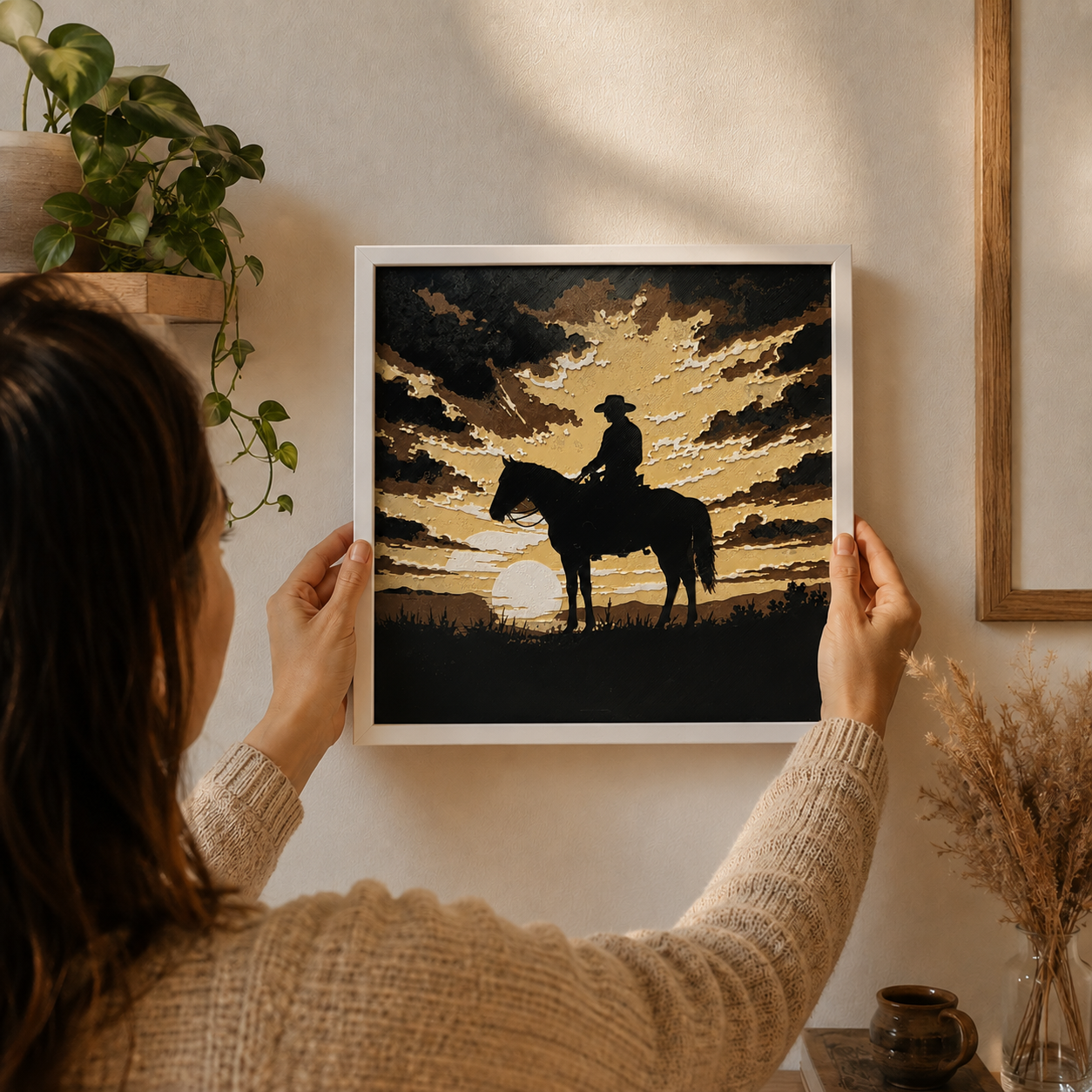 Cowboy Sunset Layered Wall Art – 8" Western Horse Décor – Framed Rustic Cowboy Art