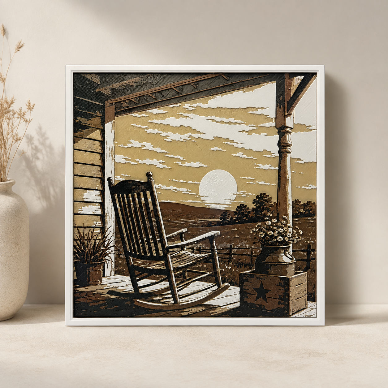 Sunset Porch Rocking Chair Layered Wall Art – Rustic Country Home Decor
