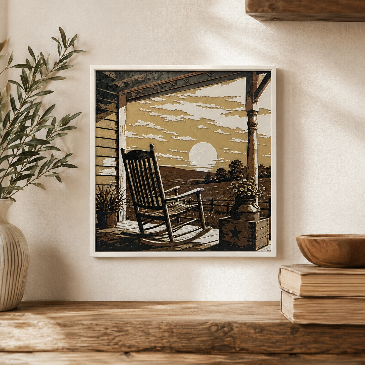 Sunset Porch Rocking Chair Layered Wall Art – Rustic Country Home Decor