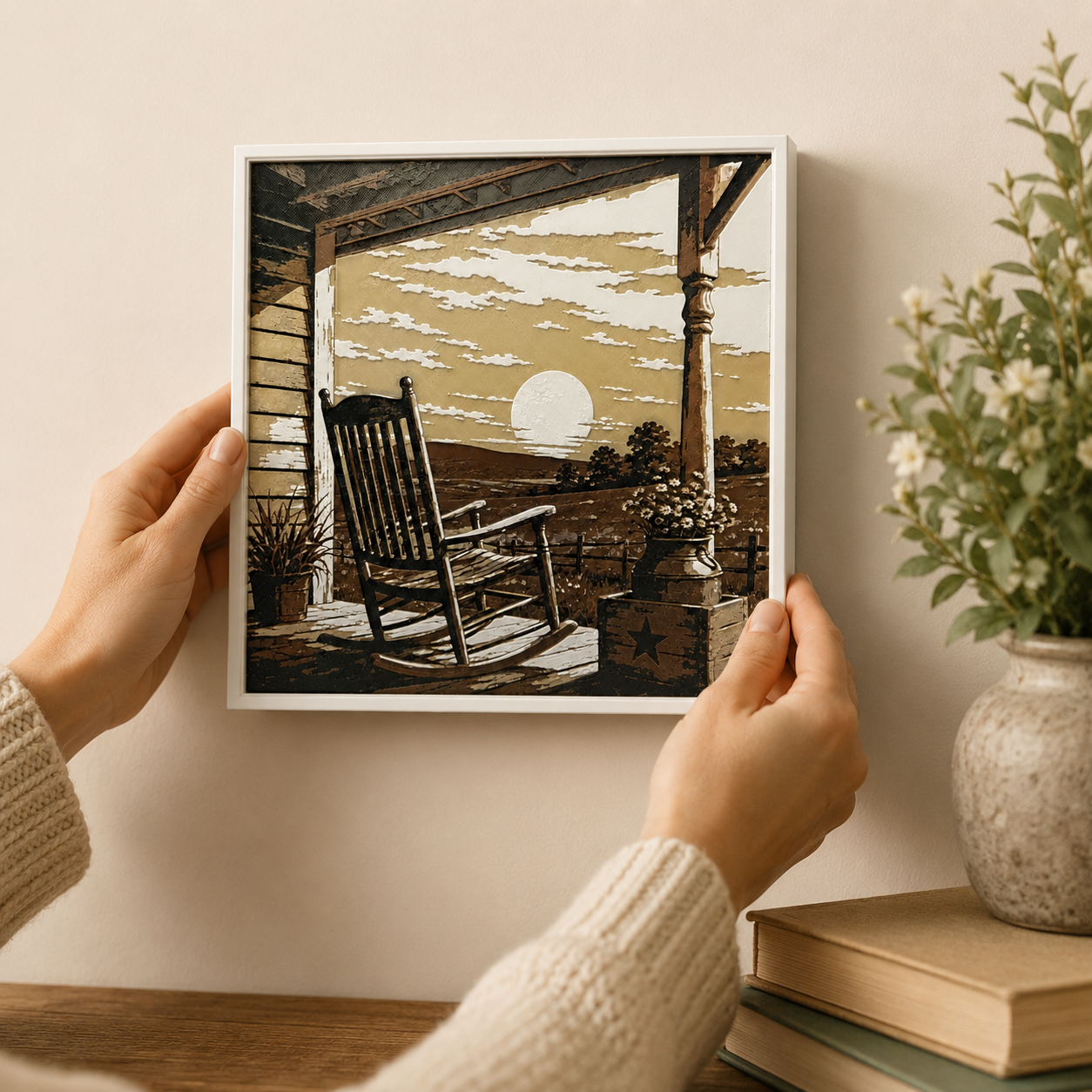 Sunset Porch Rocking Chair Layered Wall Art – Rustic Country Home Decor