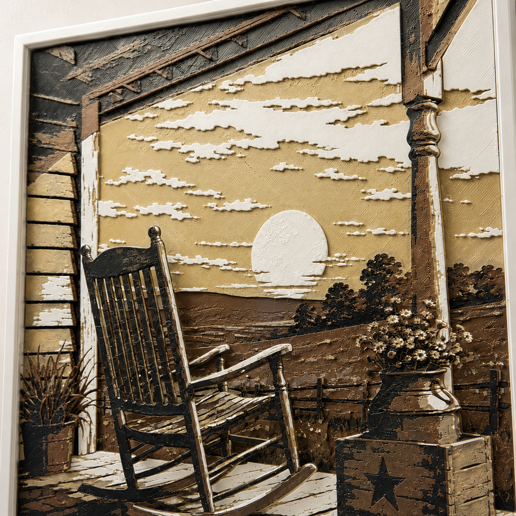 Sunset Porch Rocking Chair Layered Wall Art – Rustic Country Home Decor