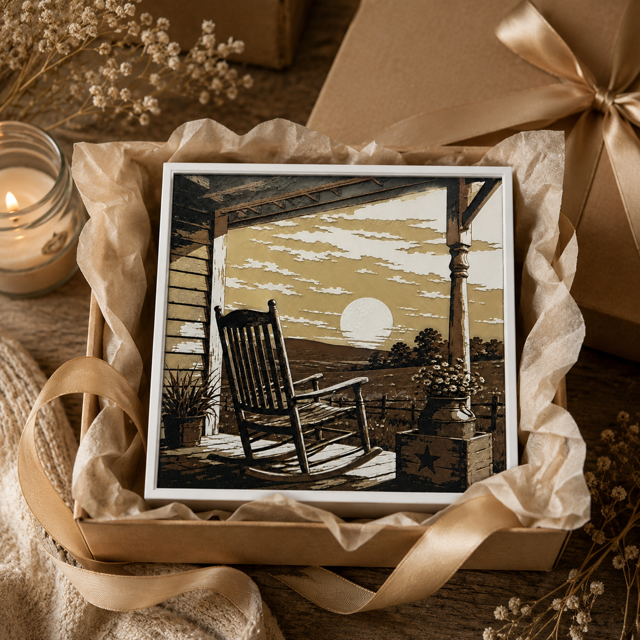 Sunset Porch Rocking Chair Layered Wall Art – Rustic Country Home Decor