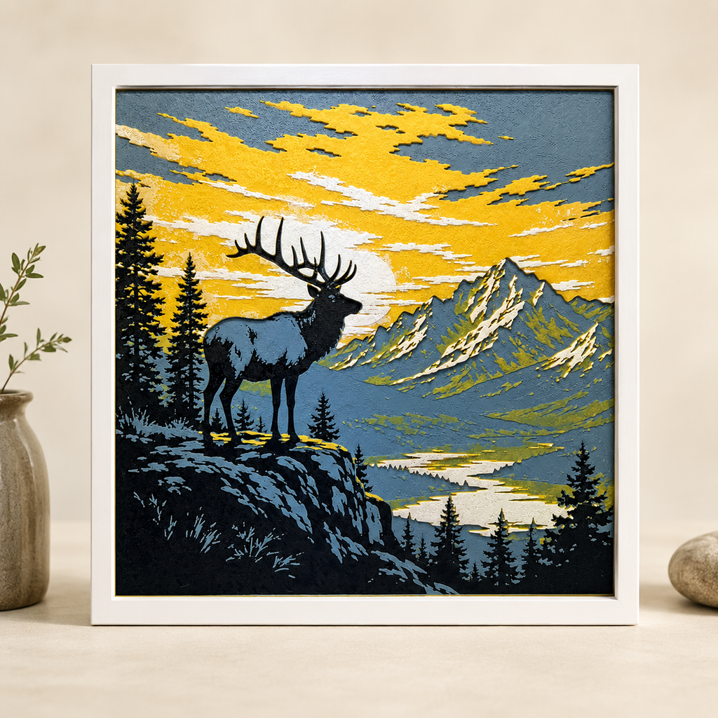 Mountain Elk Sunset Layered Wall Art – Rustic Wildlife & Lodge Decor