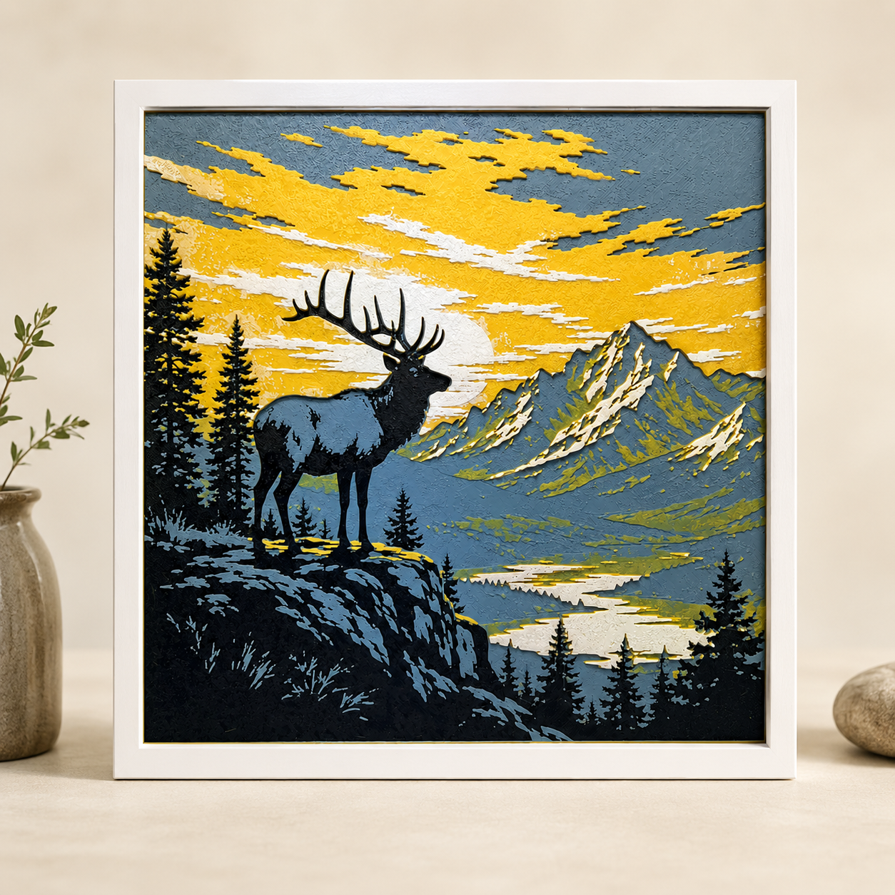 Mountain Elk Sunset Layered Wall Art – Rustic Wildlife & Lodge Decor