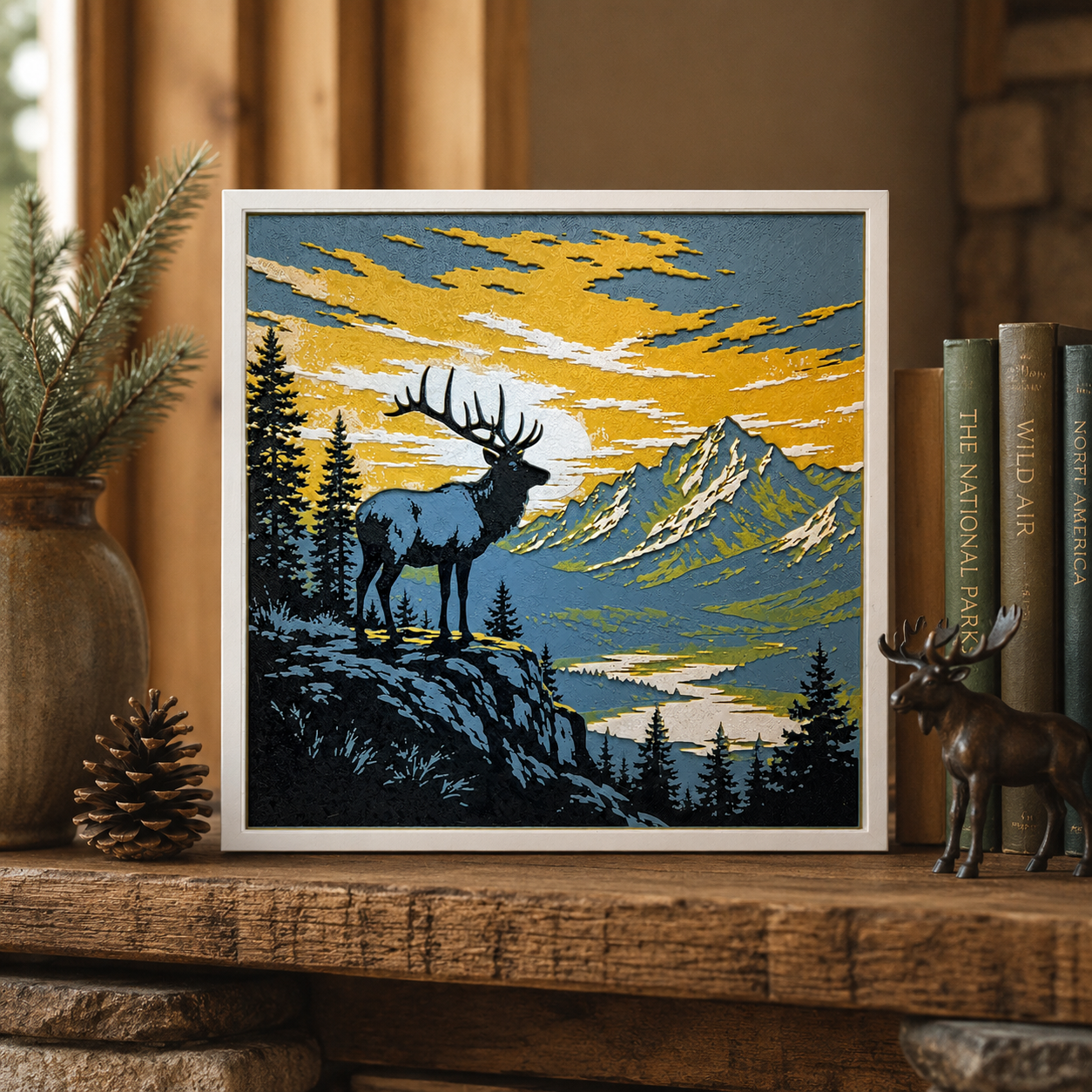 Mountain Elk Sunset Layered Wall Art – Rustic Wildlife & Lodge Decor