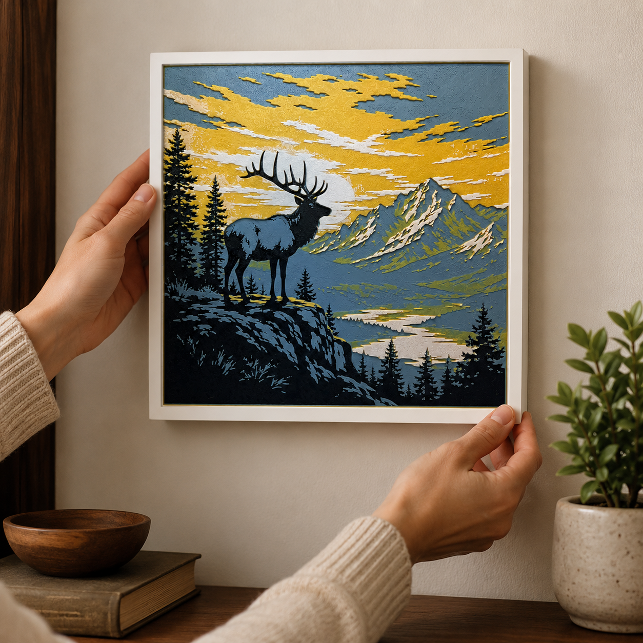 Mountain Elk Sunset Layered Wall Art – Rustic Wildlife & Lodge Decor