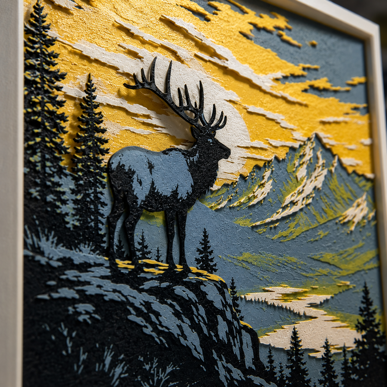 Mountain Elk Sunset Layered Wall Art – Rustic Wildlife & Lodge Decor