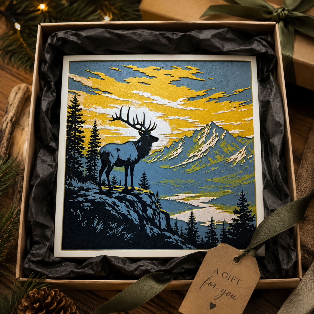 Mountain Elk Sunset Layered Wall Art – Rustic Wildlife & Lodge Decor