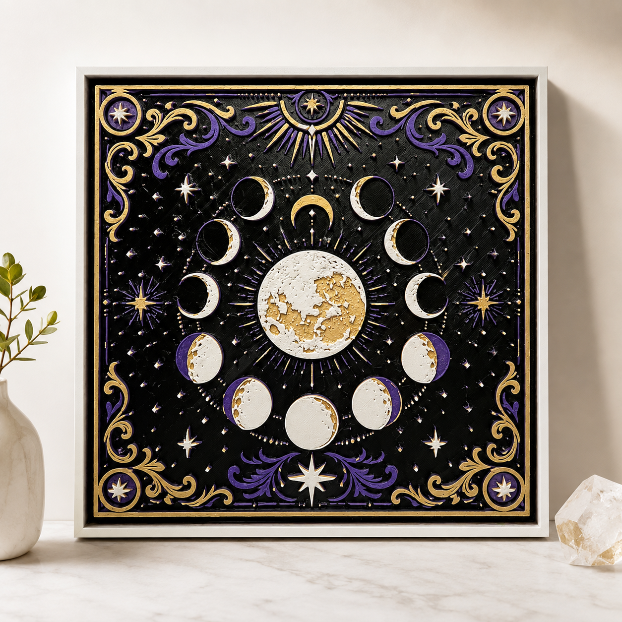 Celestial Moon Phases Layered Wall Art – Purple & Gold Mystical Decor