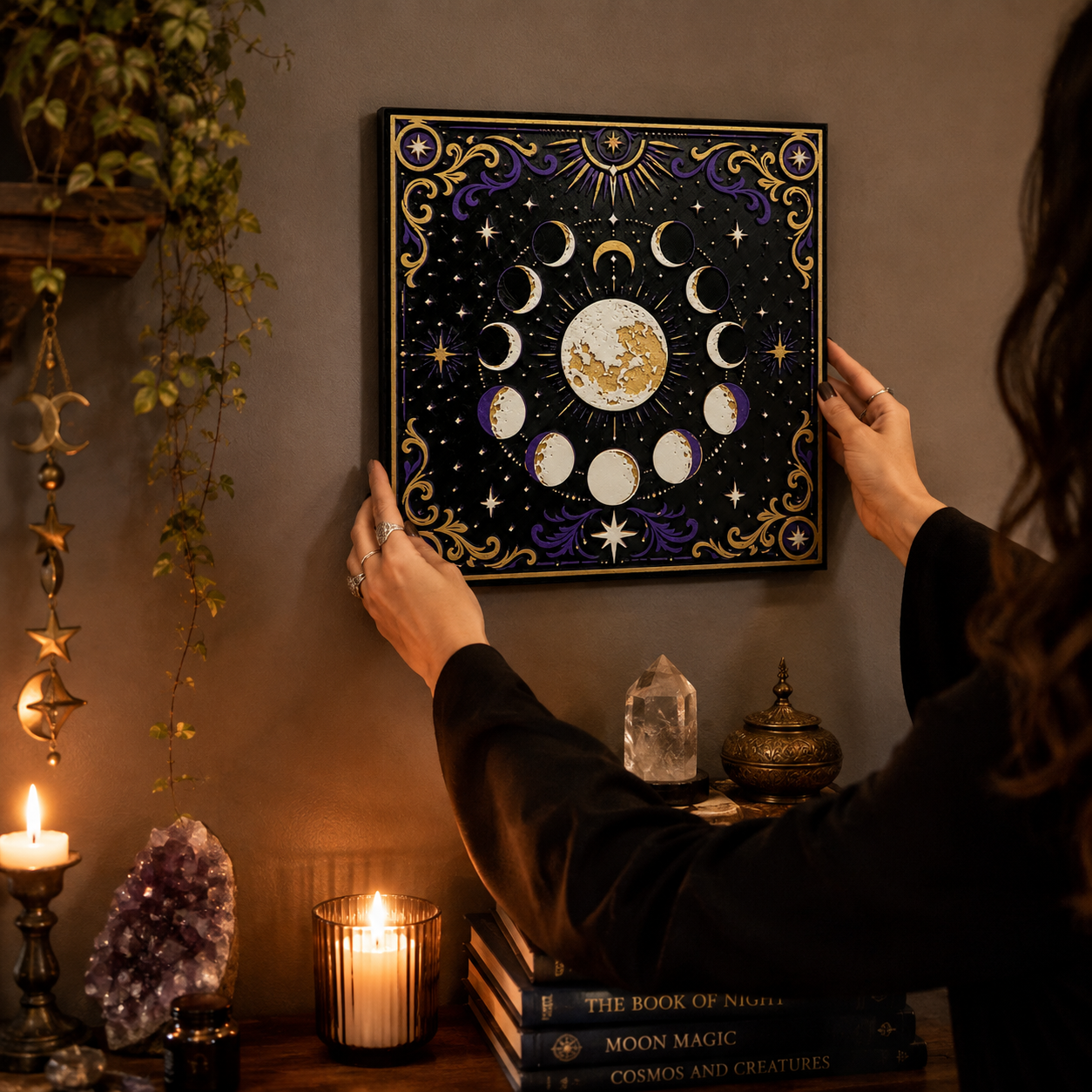 Celestial Moon Phases Layered Wall Art – Purple & Gold Mystical Decor