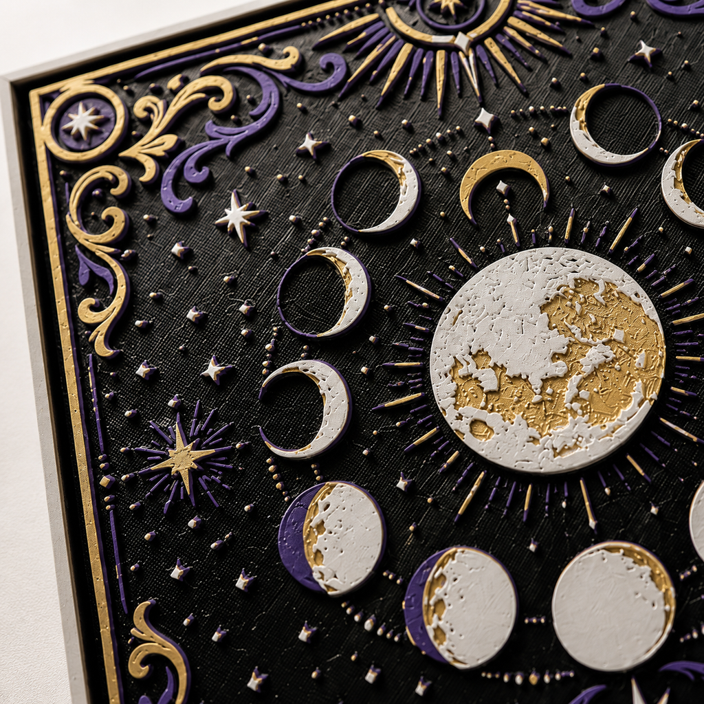 Celestial Moon Phases Layered Wall Art – Purple & Gold Mystical Decor
